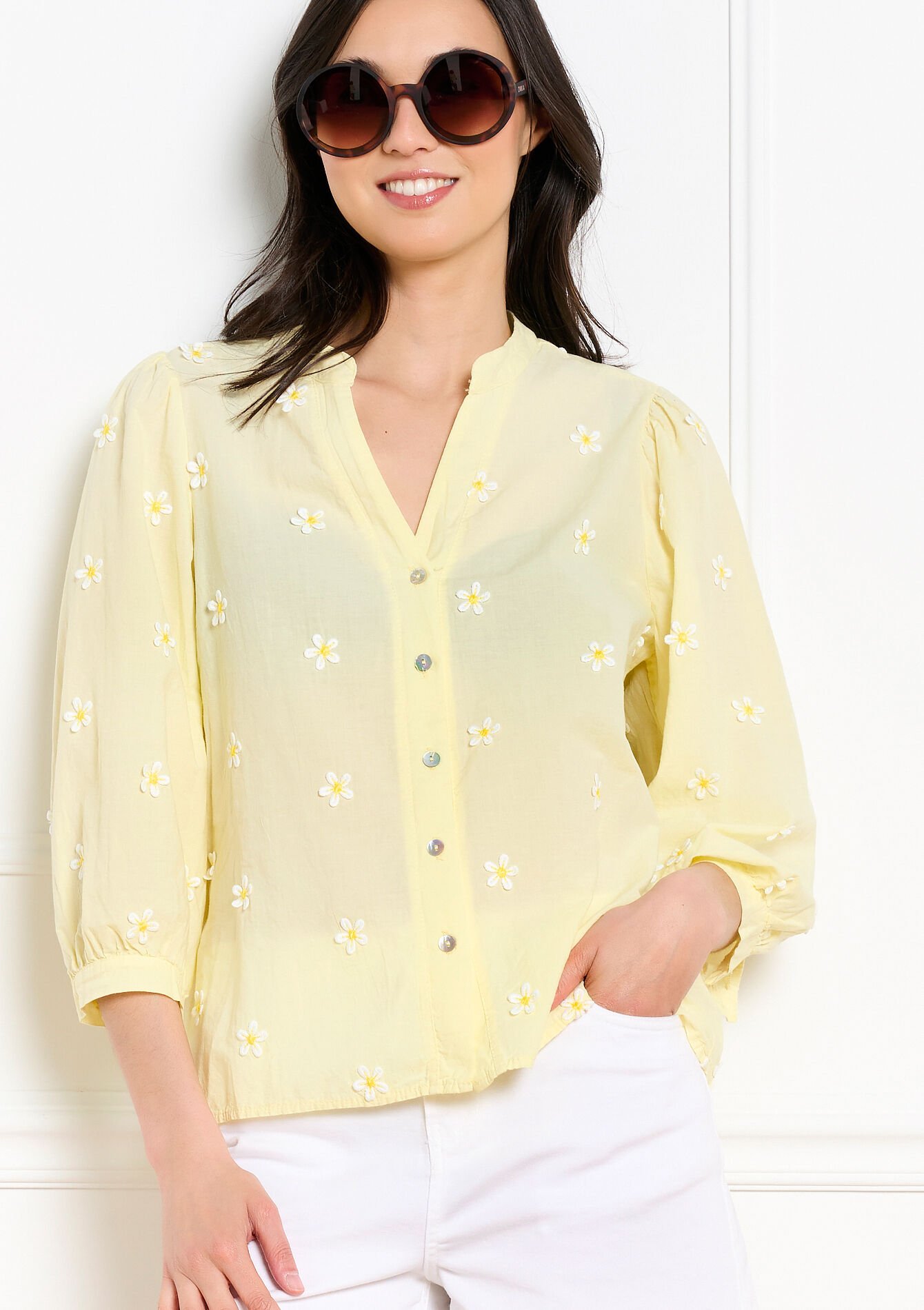 Geborduurde blouse met ballonmouwen, Geborduurde blouse met ballonmouwen - YELLOW PASTEL - 05703075_5004