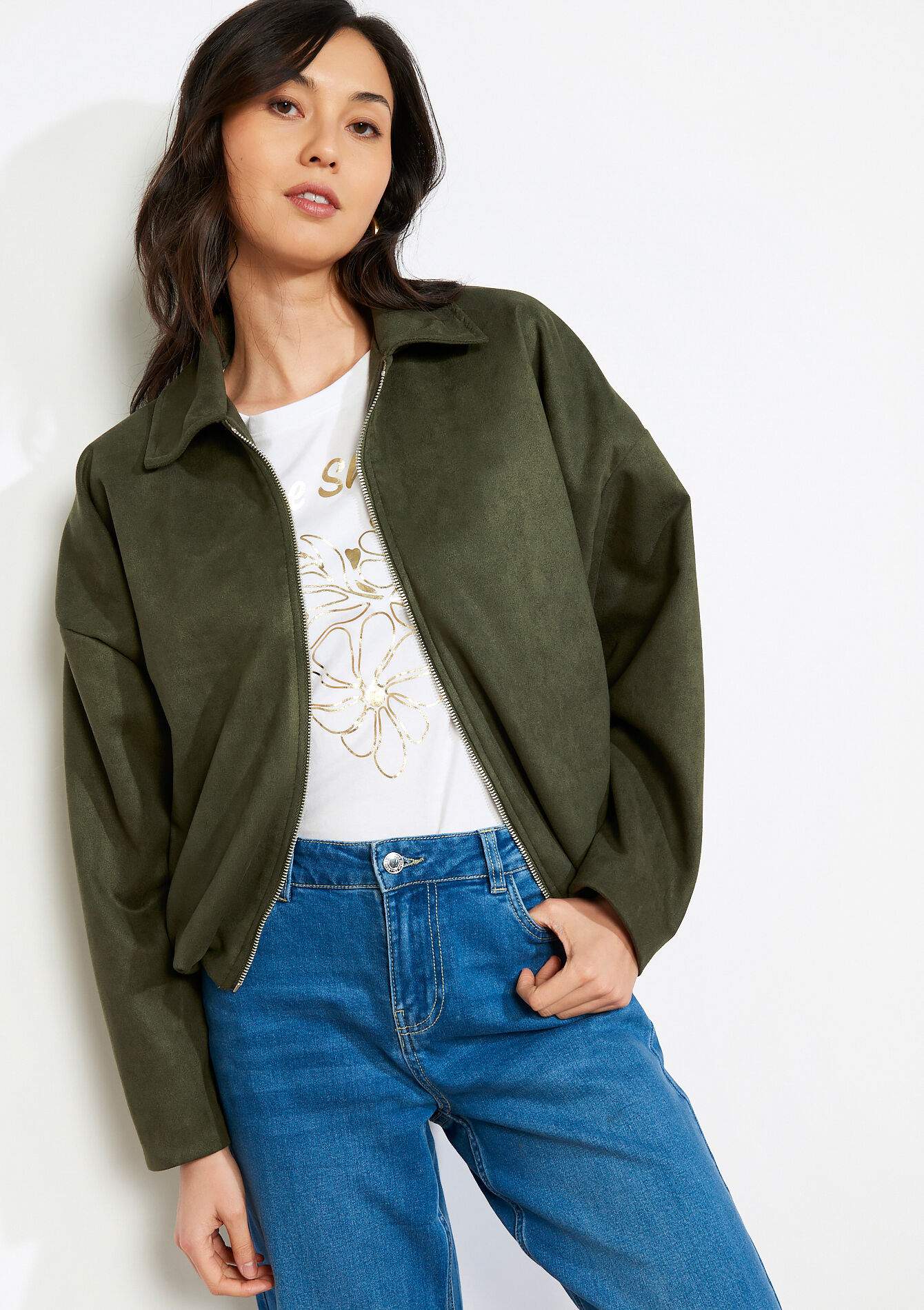 Oversized zip-up bomber - KHAKI DARKY - 09101174_4208