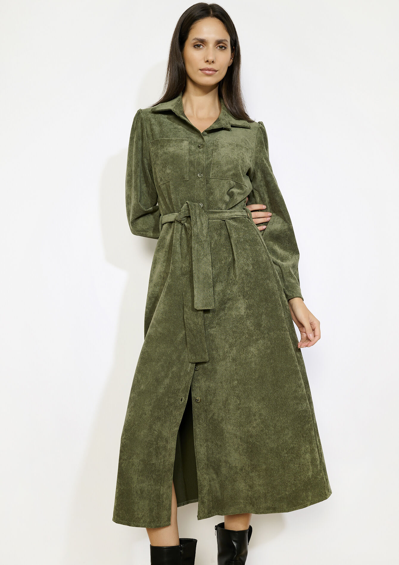 Midi overhemdjurk met ceintuur - KHAKI MED - 08104316_4327