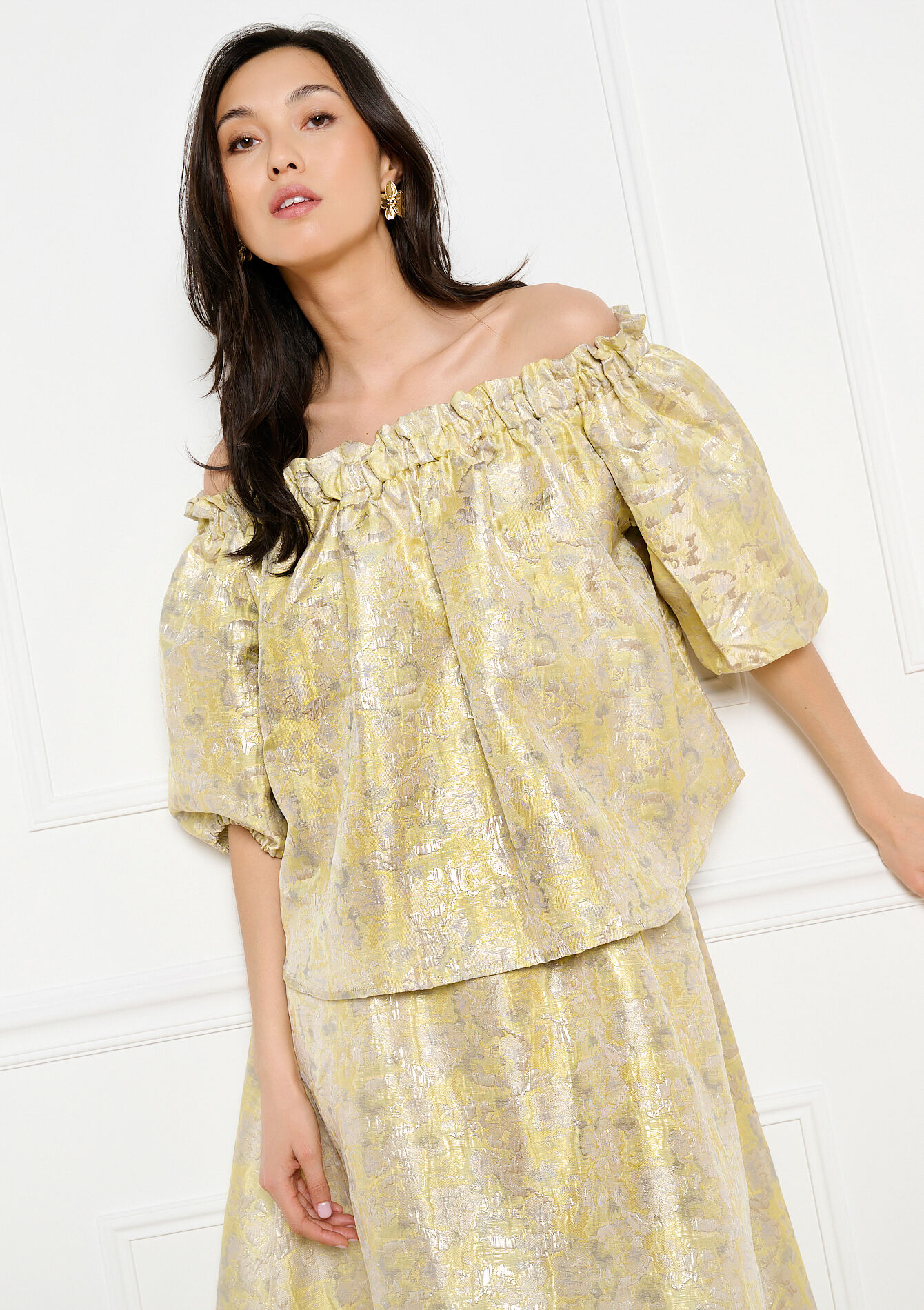 Blouse épaules dénudées jacquard - YELLOW PASTEL - 05703053_5004