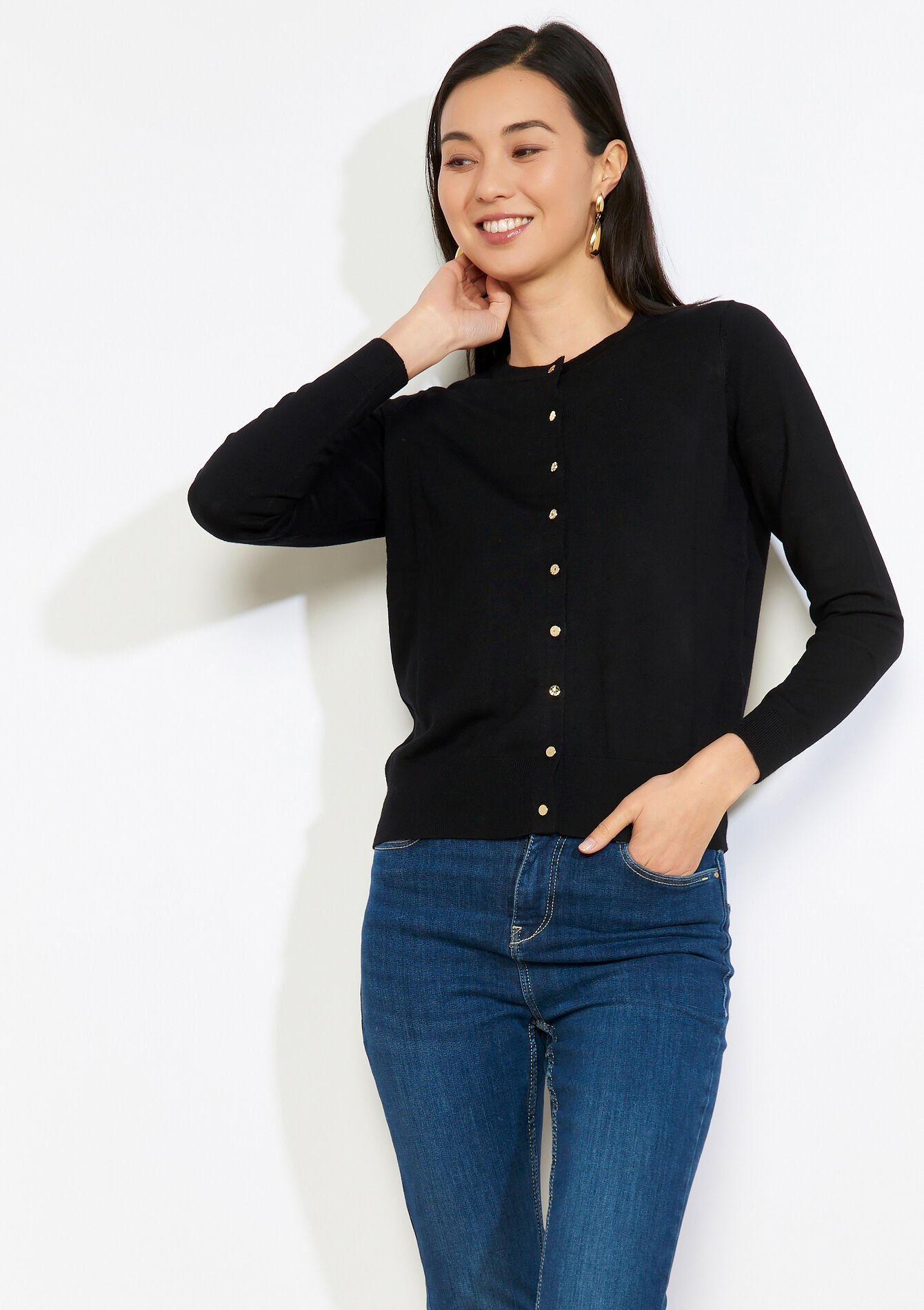 Buttoned roundneck cardigan - BLACK - 04101358_1119