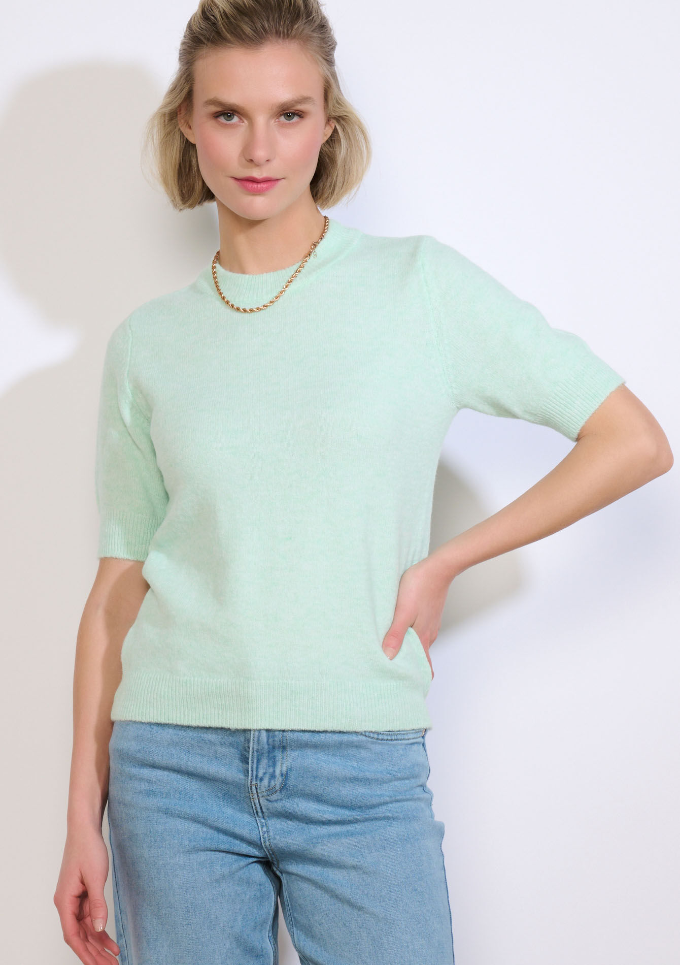 Zachte trui met korte mouwen - MINT GREEN - 04007031_1723