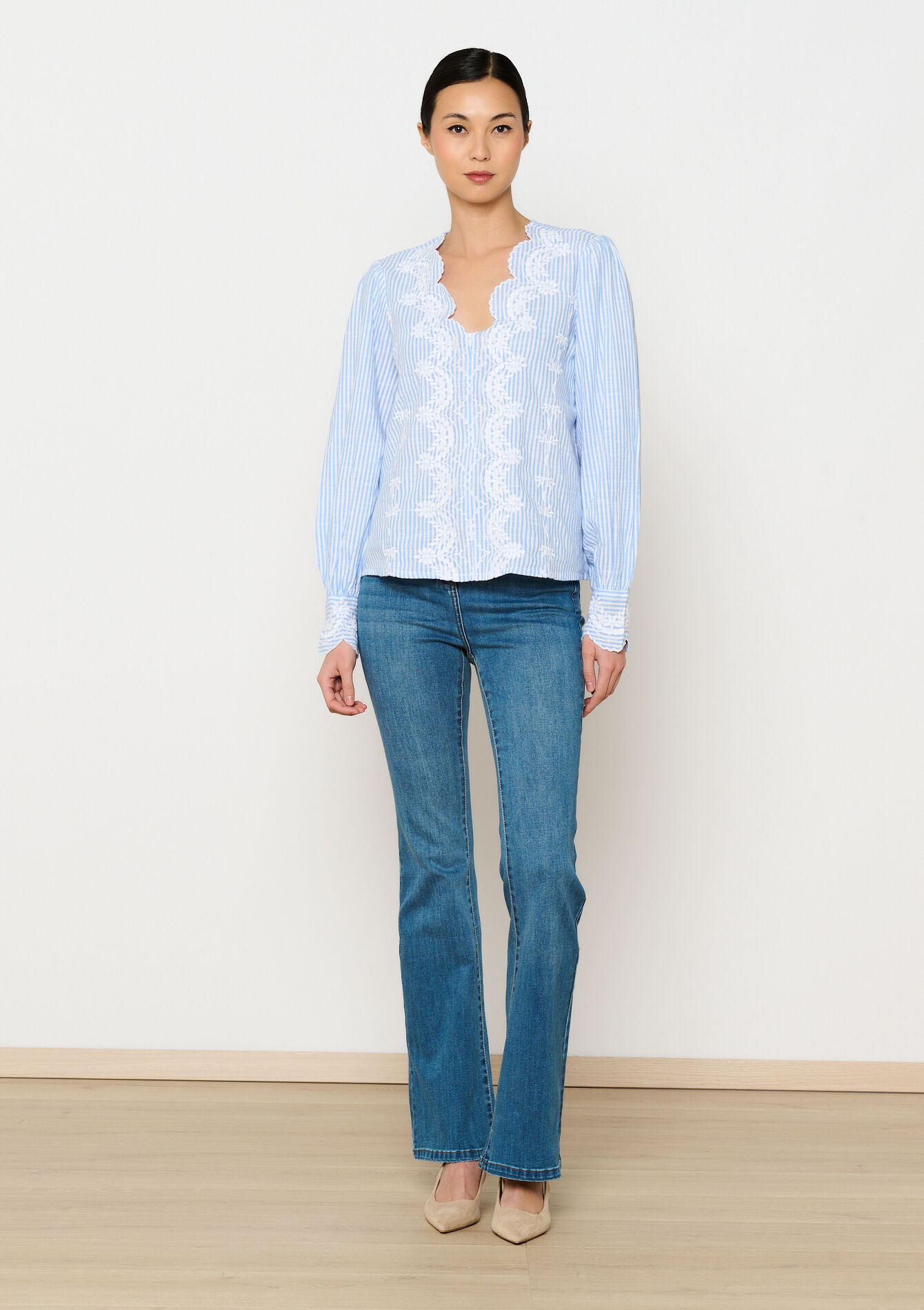 Gestreepte blouse met borduursel - BLUE PASTEL - 05702665_3003