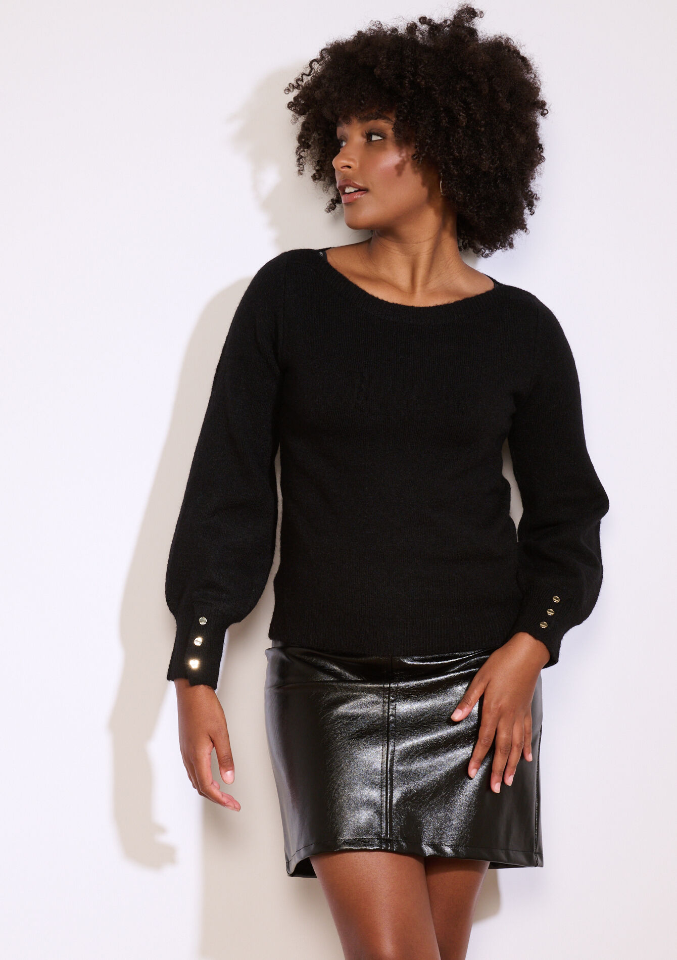 Trui met knopen op mouw, Trui met knopen op mouw - BLACK - 04006915_1119