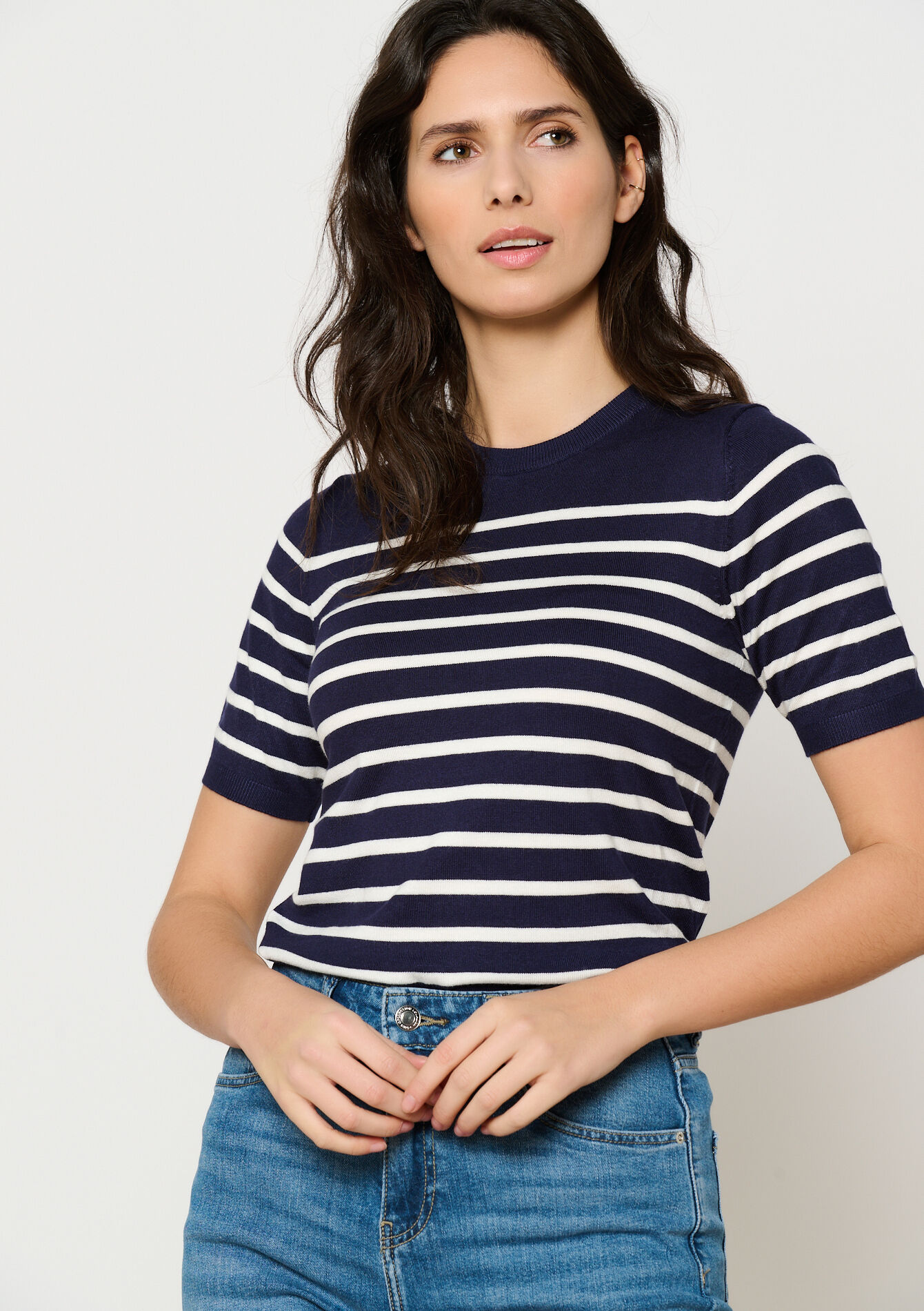 Striped sweater with short sleeves, Striped sweater with short sleeves - NAVY BASIC - 04006654_2723