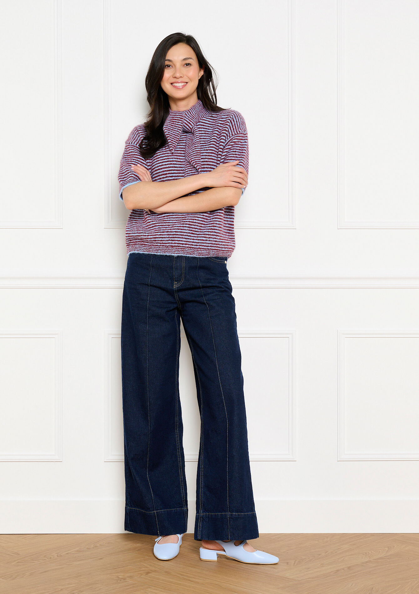 Gestreepte trui met korte mouwen - LT BLUE - 04007220_2519