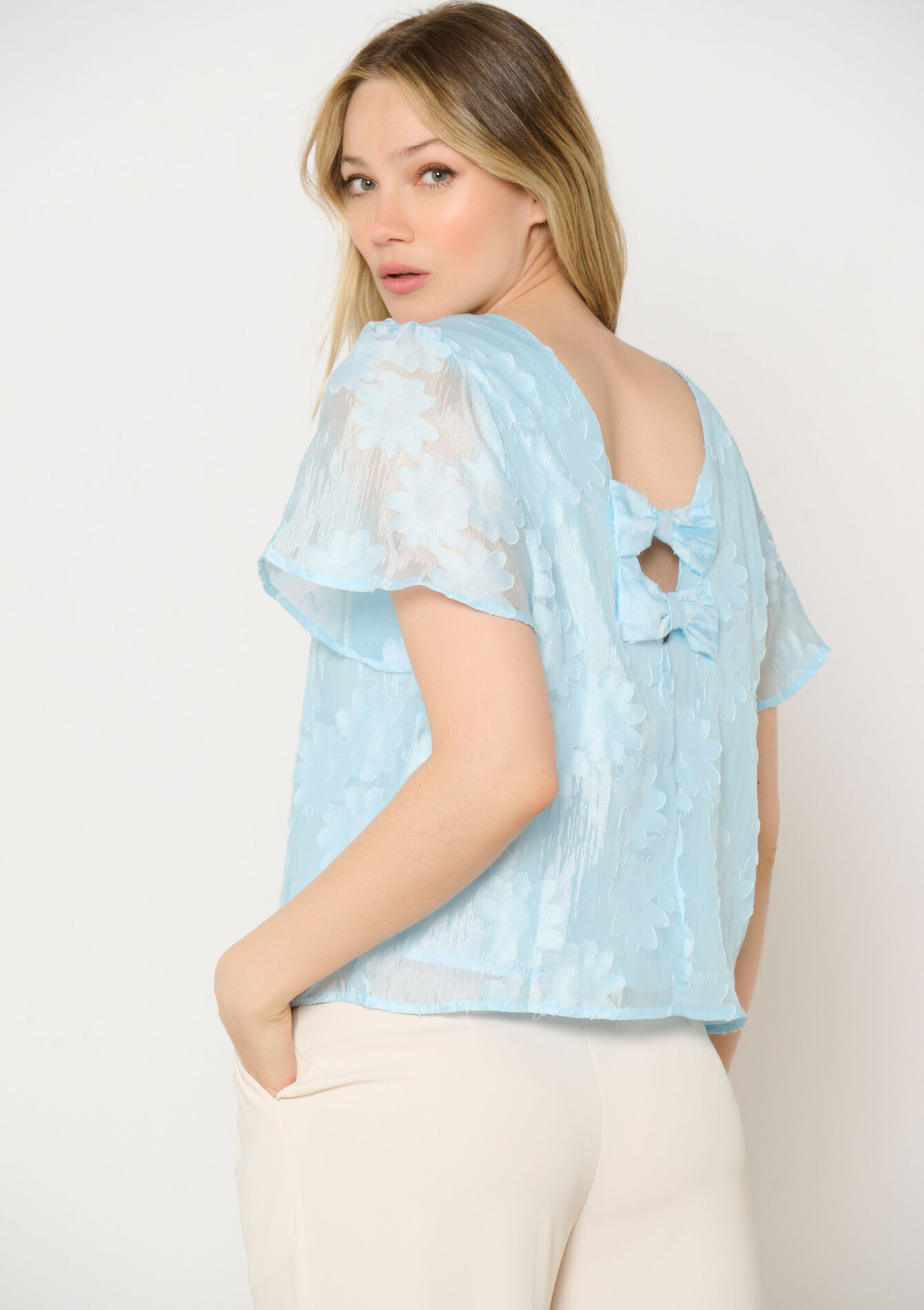 Geborduurde top met strikjes, Geborduurde top met strikjes - BLUE PASTEL - 05702757_3003