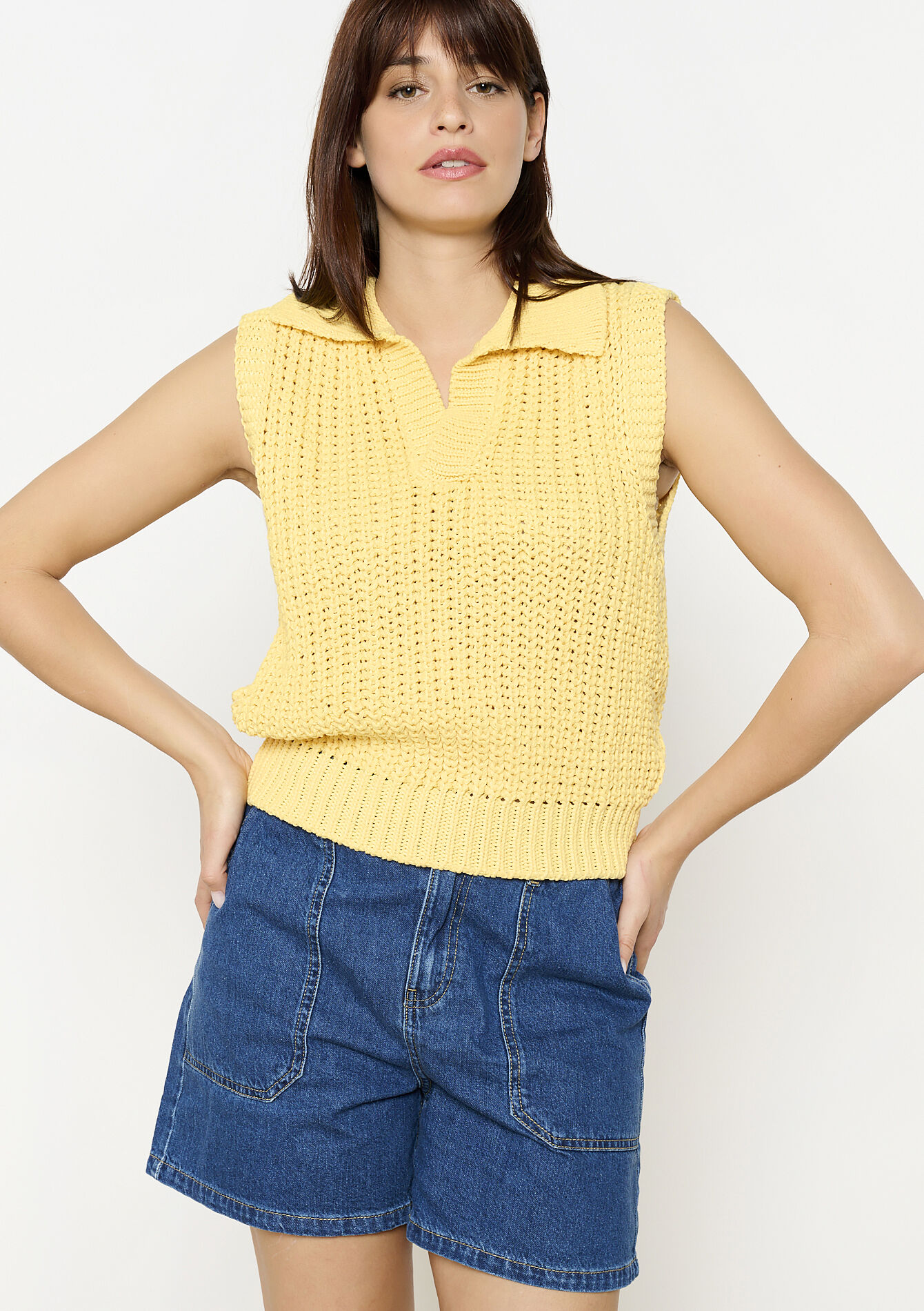 Mouwloze gebreide top met polokraag - YELLOW SUN - 04006959_5007