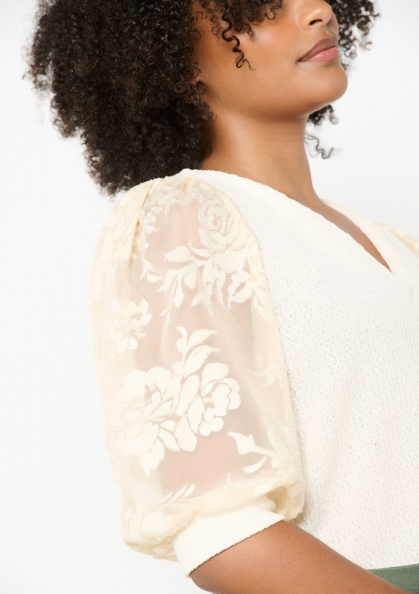 Embroidered sleeve textured top, Embroidered sleeve textured top - VANILLA WHITE - 02301764_1013