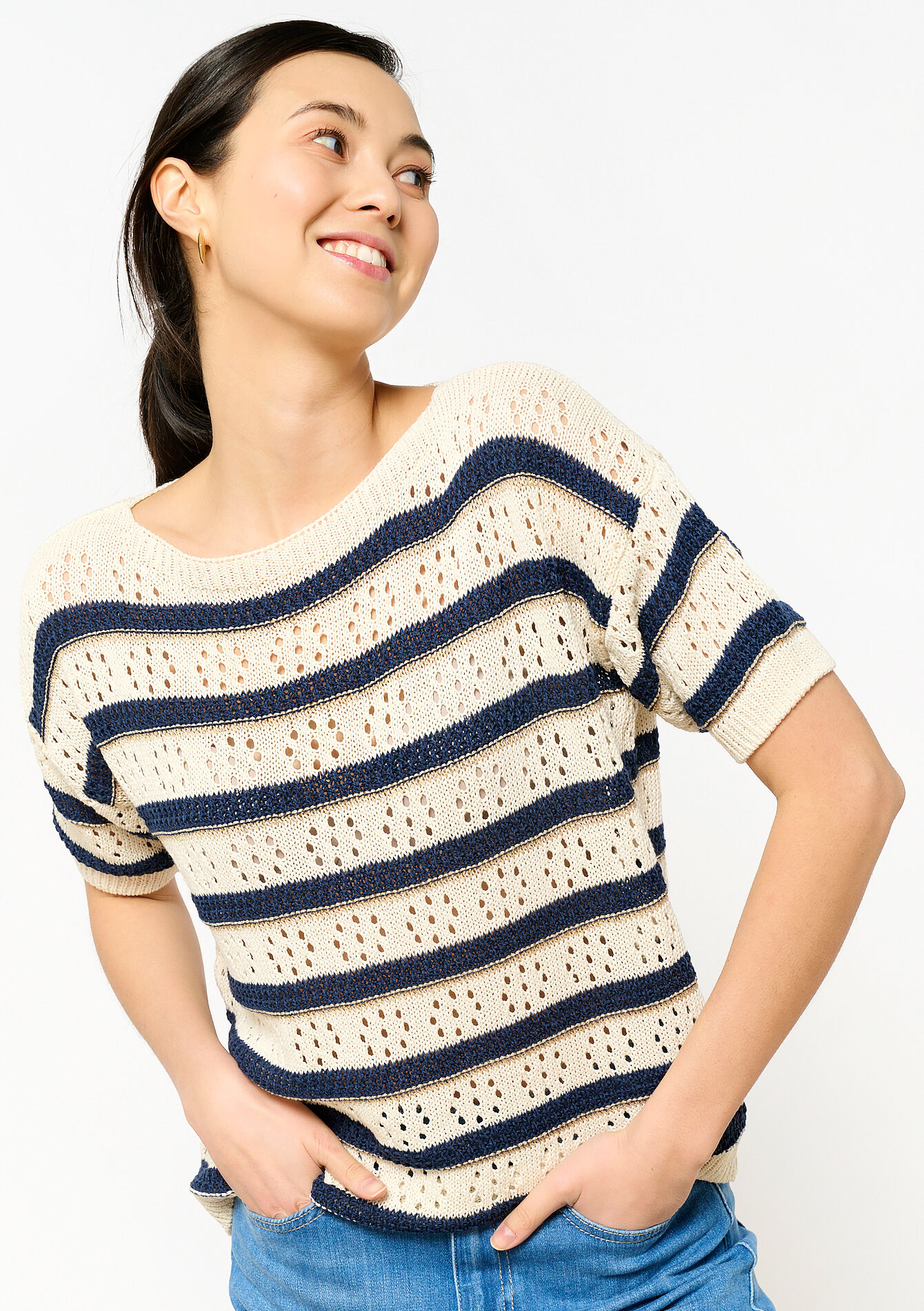 Crocheted pullover with stripes - OFFWHITE - 04006499_1001