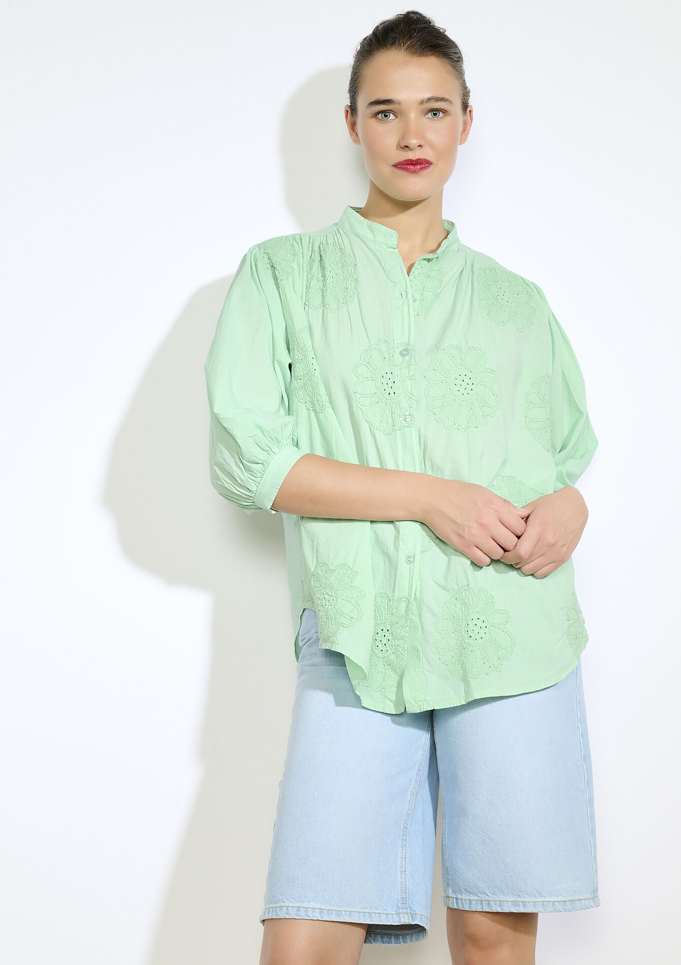 Blouse met broderie anglaise, Blouse met broderie anglaise - MINT GREEN - 05702886_1723