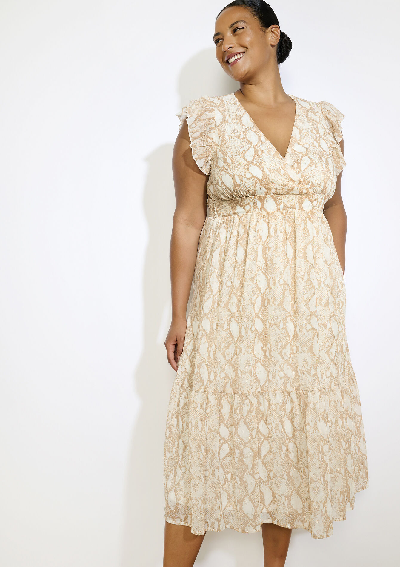 Lange jurk met slangenprint en ruches, Lange jurk met slangenprint en ruches, , back