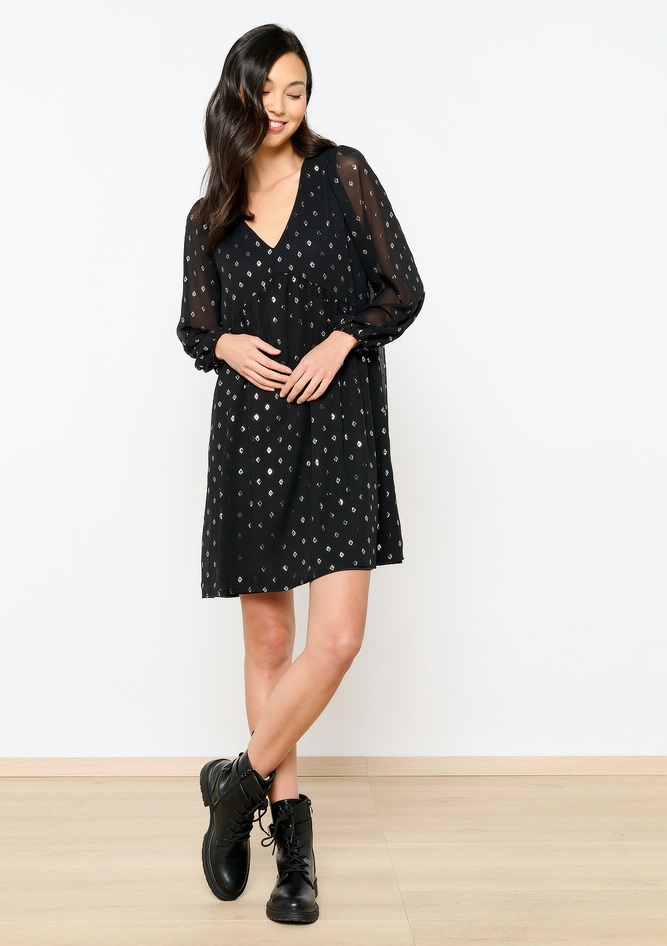 Babydoll dress with lurex, Babydoll dress with lurex - BLACK - 08103464_1119