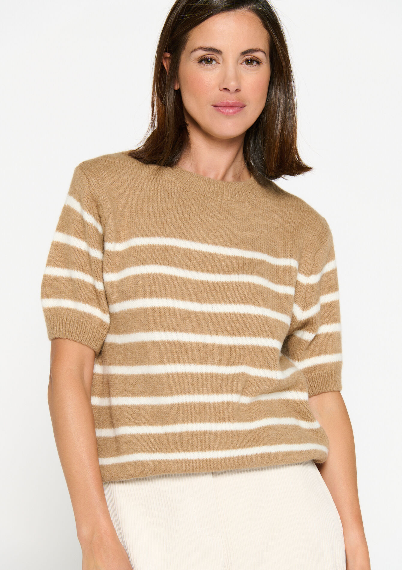 Pullover à rayures à manches courtes, Pullover à rayures à manches courtes - CAMEL GINGER - 04006256_3831