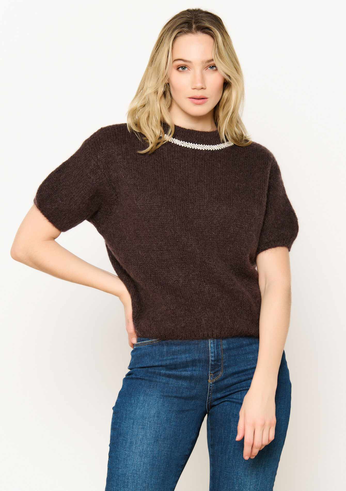 Mohair sweater with stitched chain, Mohair sweater with stitched chain - BROWN DARK CHOCOLATE - 04006806_3720