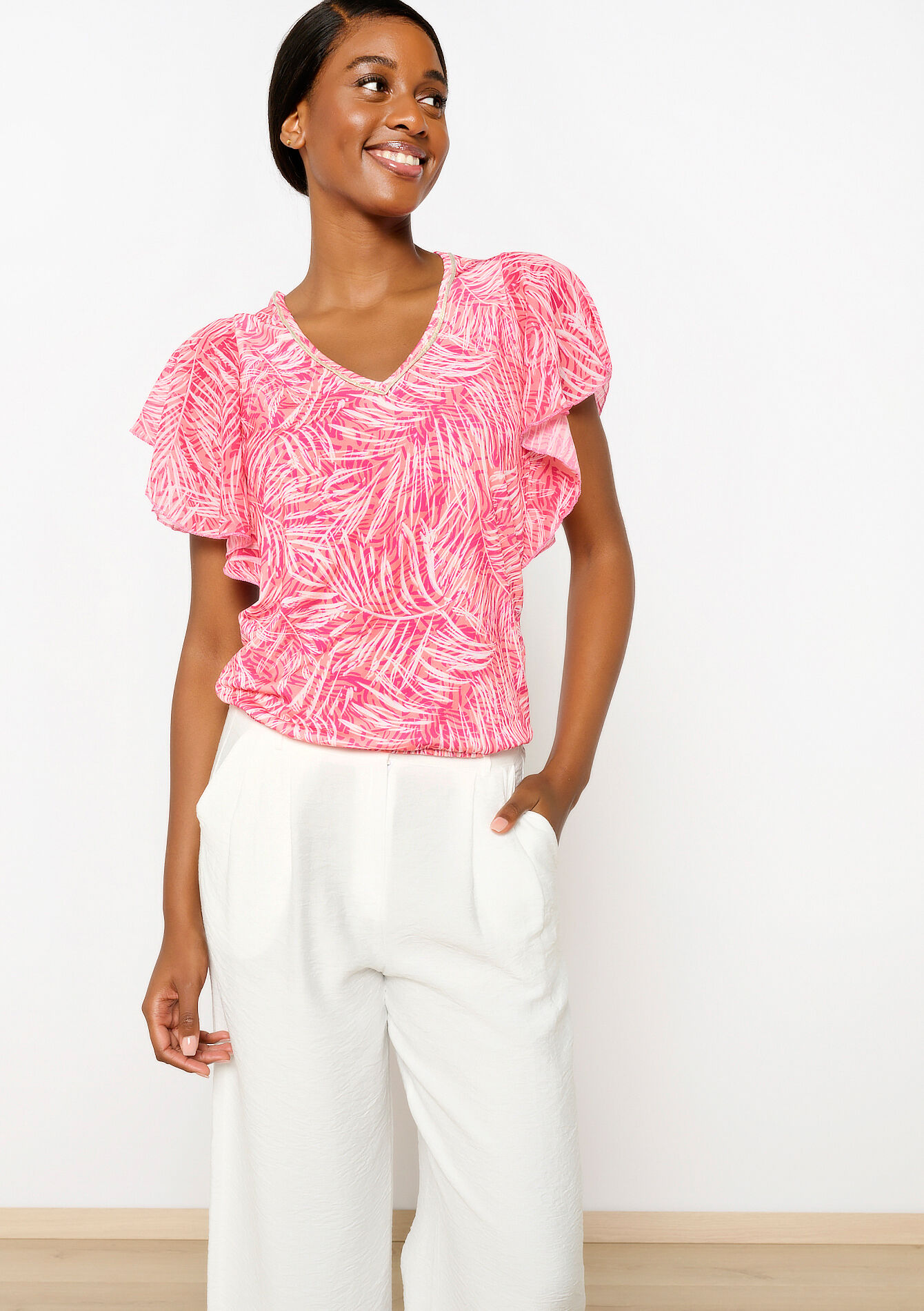 Voile T-shirt with leaf print, Voile T-shirt with leaf print - FUCHSIA - 02301613_5626