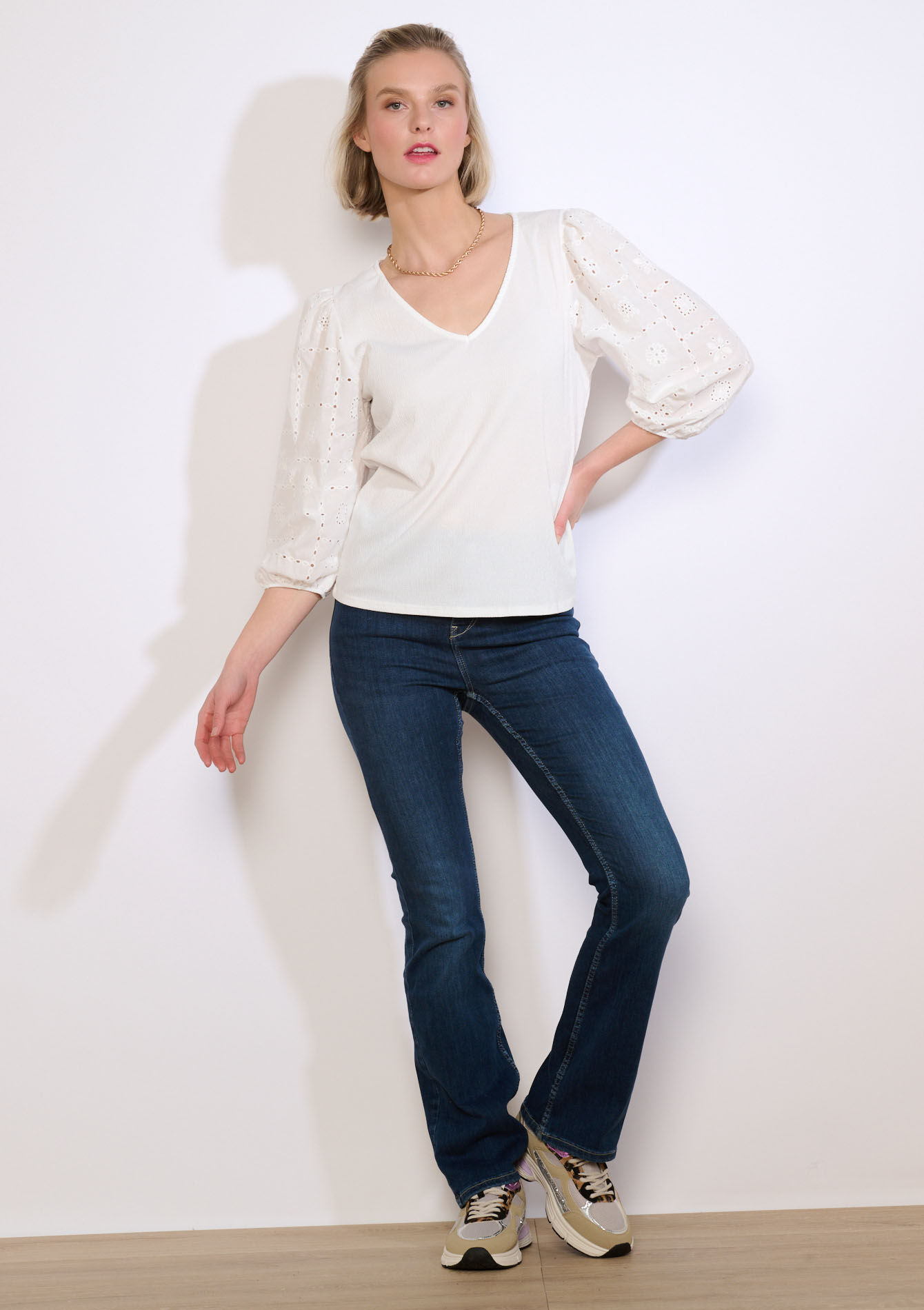 Blouse with lace sleeves - OFFWHITE - 02301998