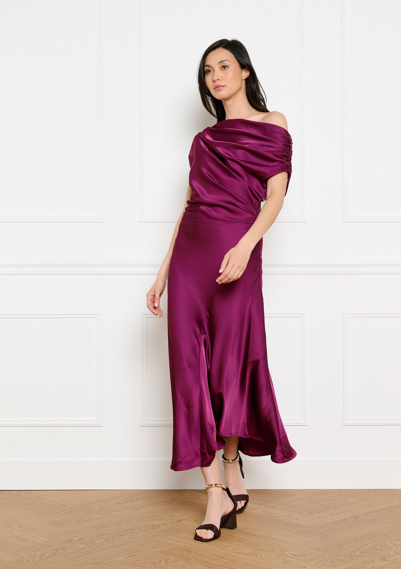 Draped satin midi dress - RED FRAMBOISE - 08104457_1496