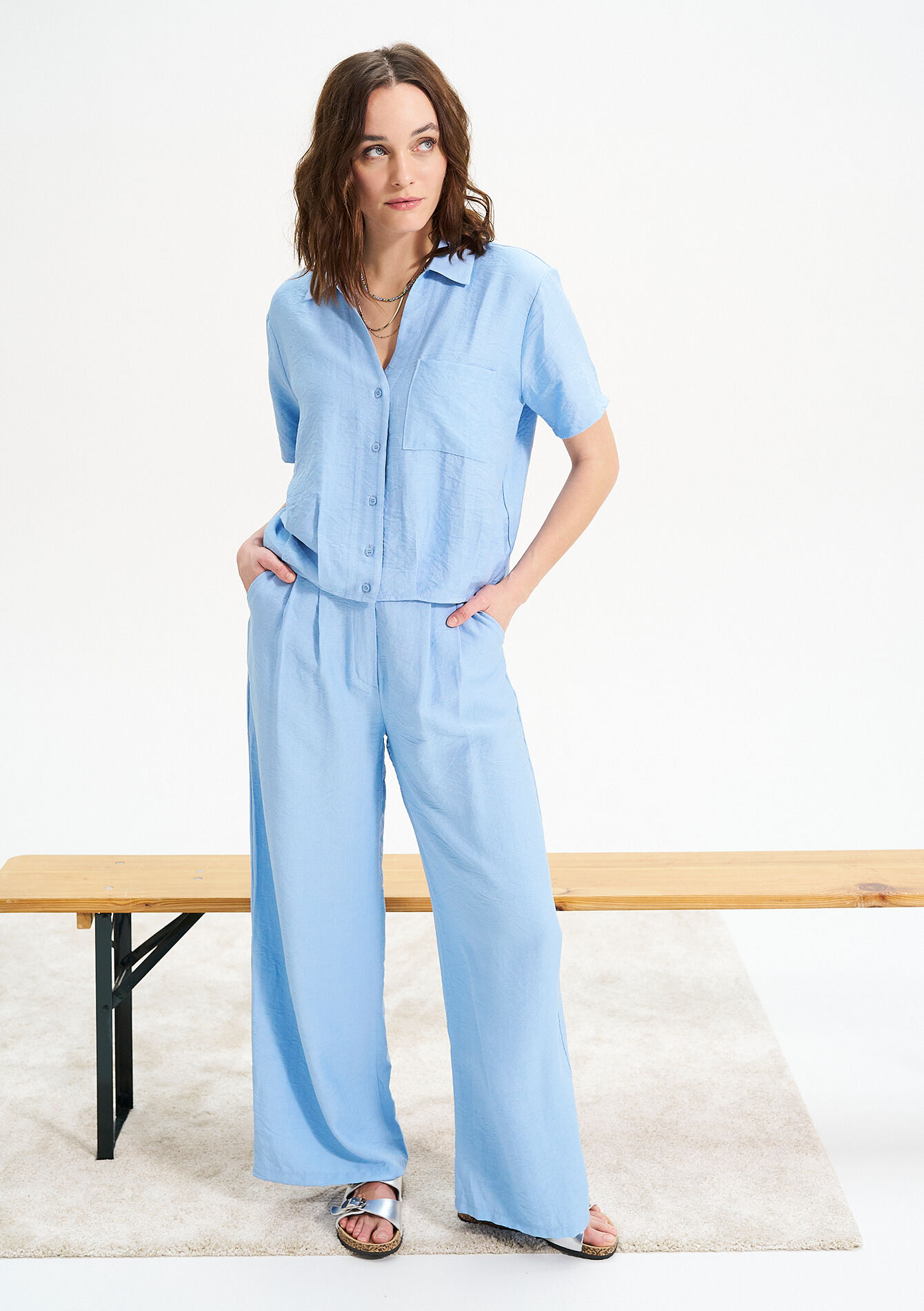 Tailored trousers with linen look - BLUE PASTEL - 06100612