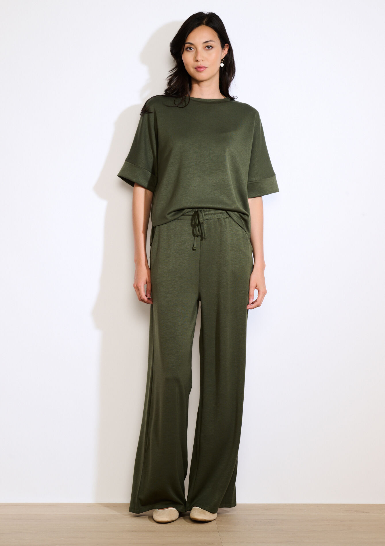 Wijde jersey broek, Wijde jersey broek - KHAKI MED - 15100384_4327