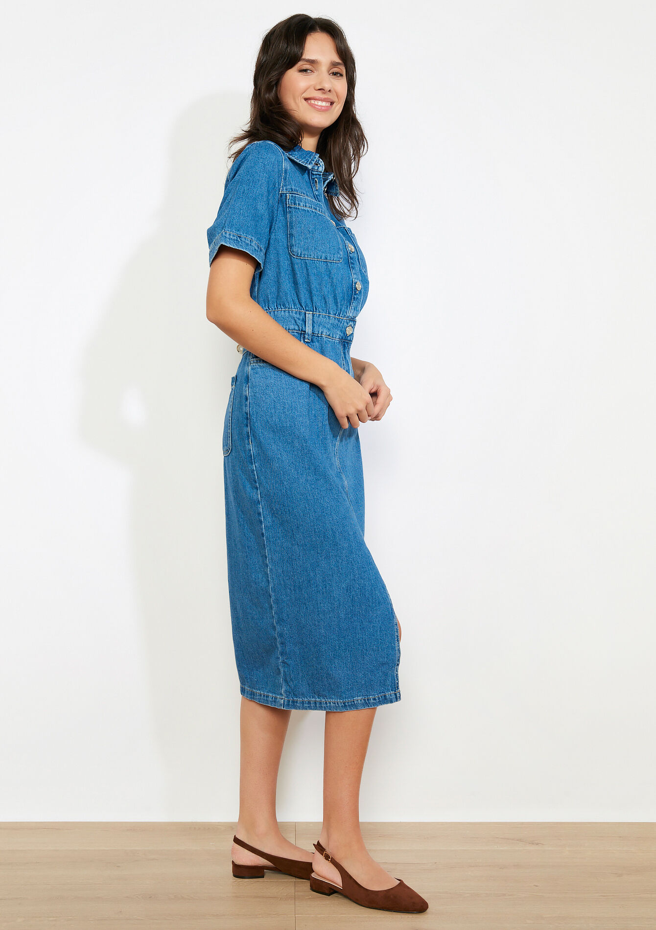 Midi overhemdjurk van denim - MEDIUM BLUE - 08104295_0500