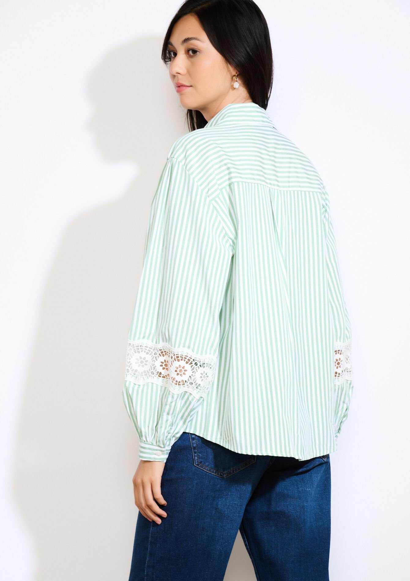 Gestreept overhemd met kantdetails, Gestreept overhemd met kantdetails - KHAKI FADED - 05702867_4326