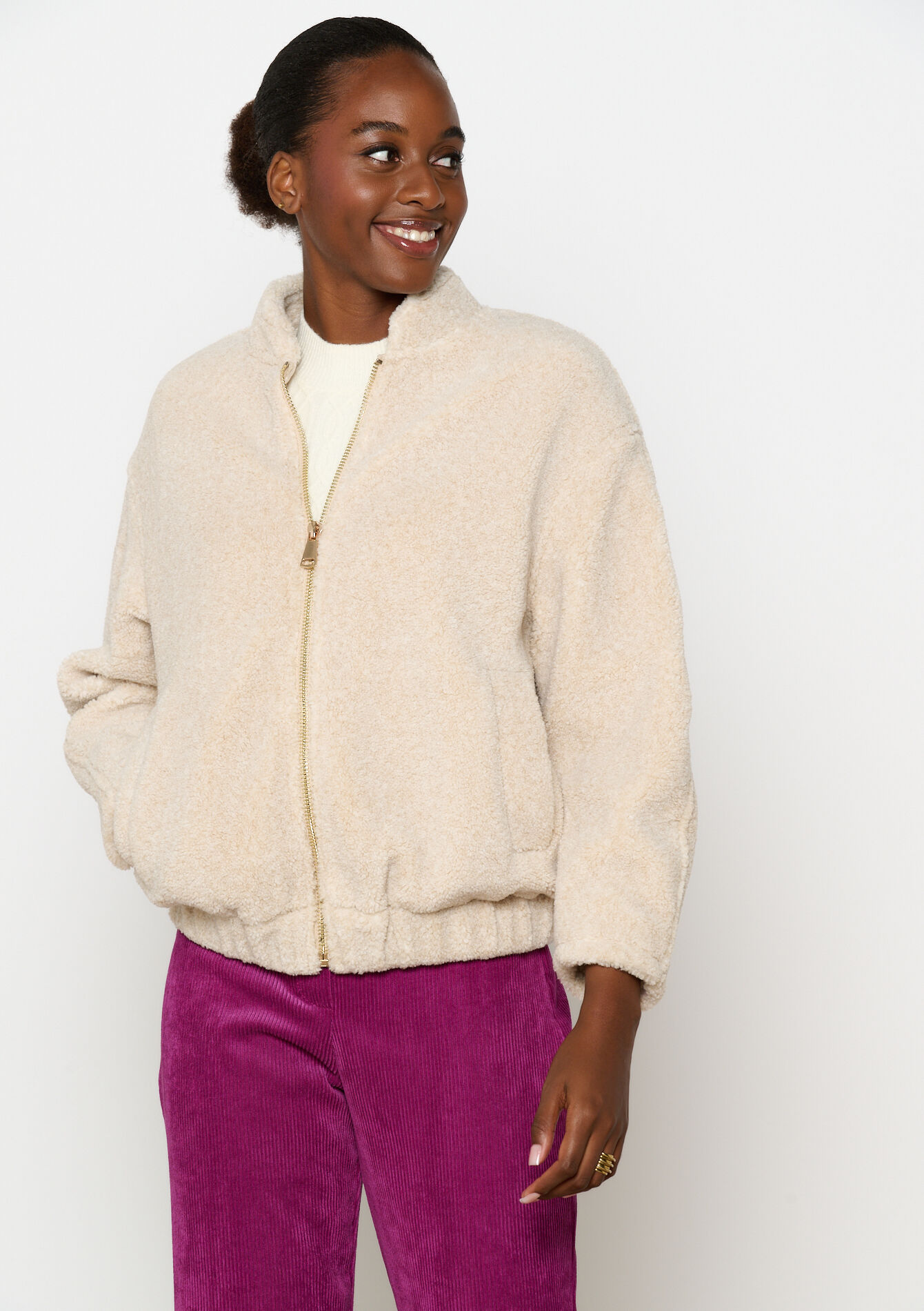 Veste bomber en tissu polaire, Veste bomber en tissu polaire - LT BEIGE - 23000694_2527