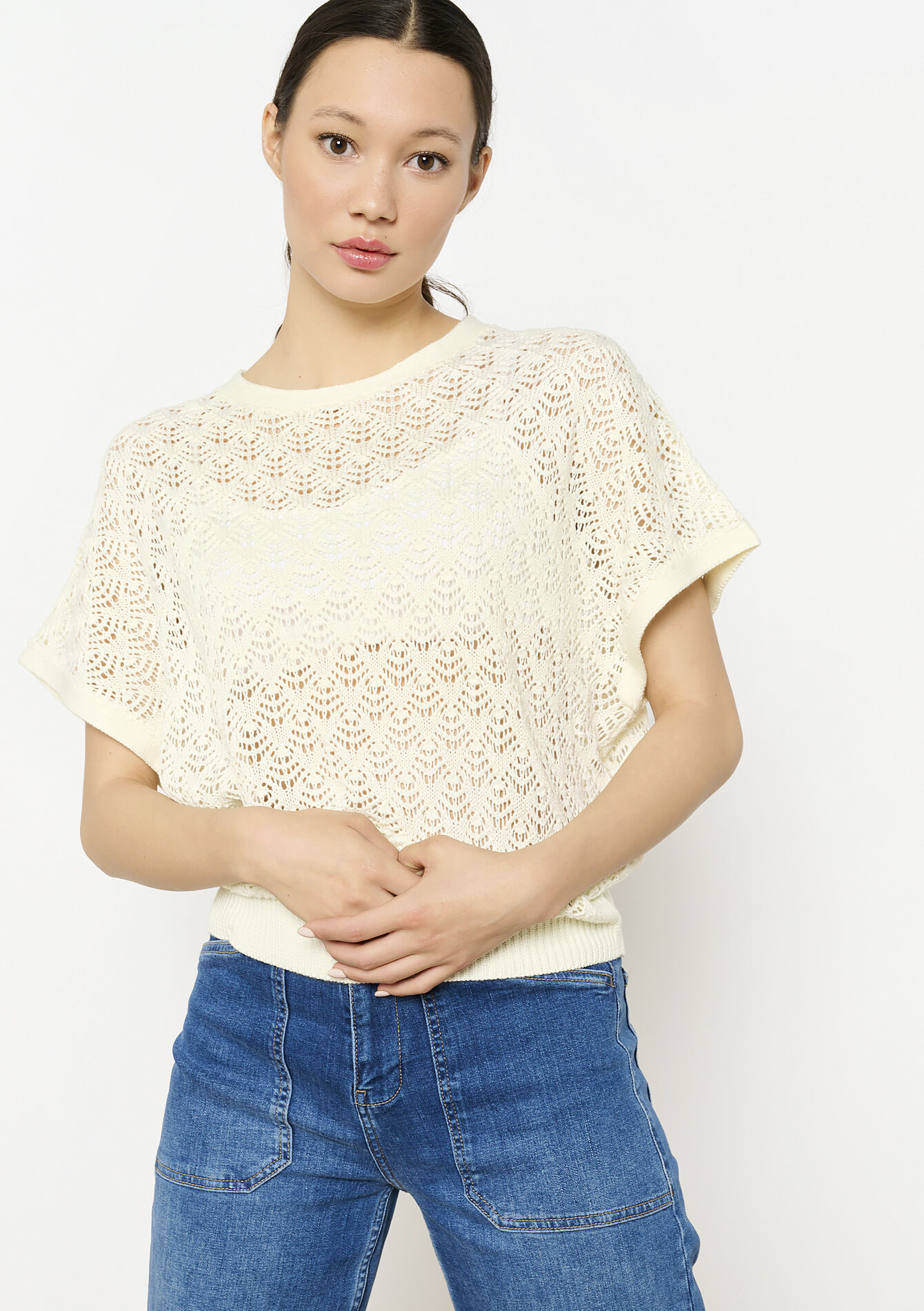 Pull en crochet à manches courtes, Pull en crochet à manches courtes - VANILLA WHITE - 1112070