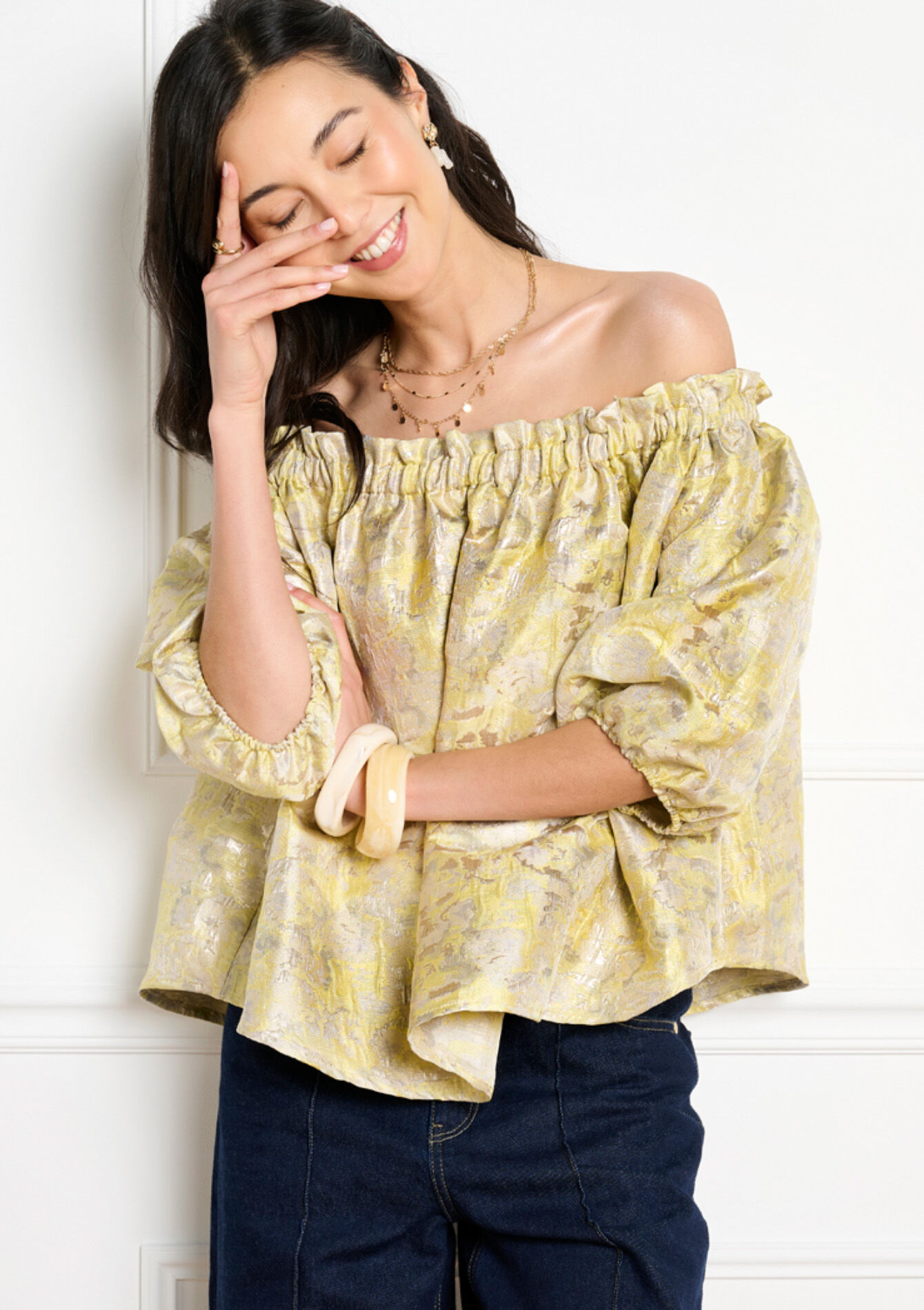 Blouse épaules dénudées jacquard - YELLOW PASTEL - 05703053_5004