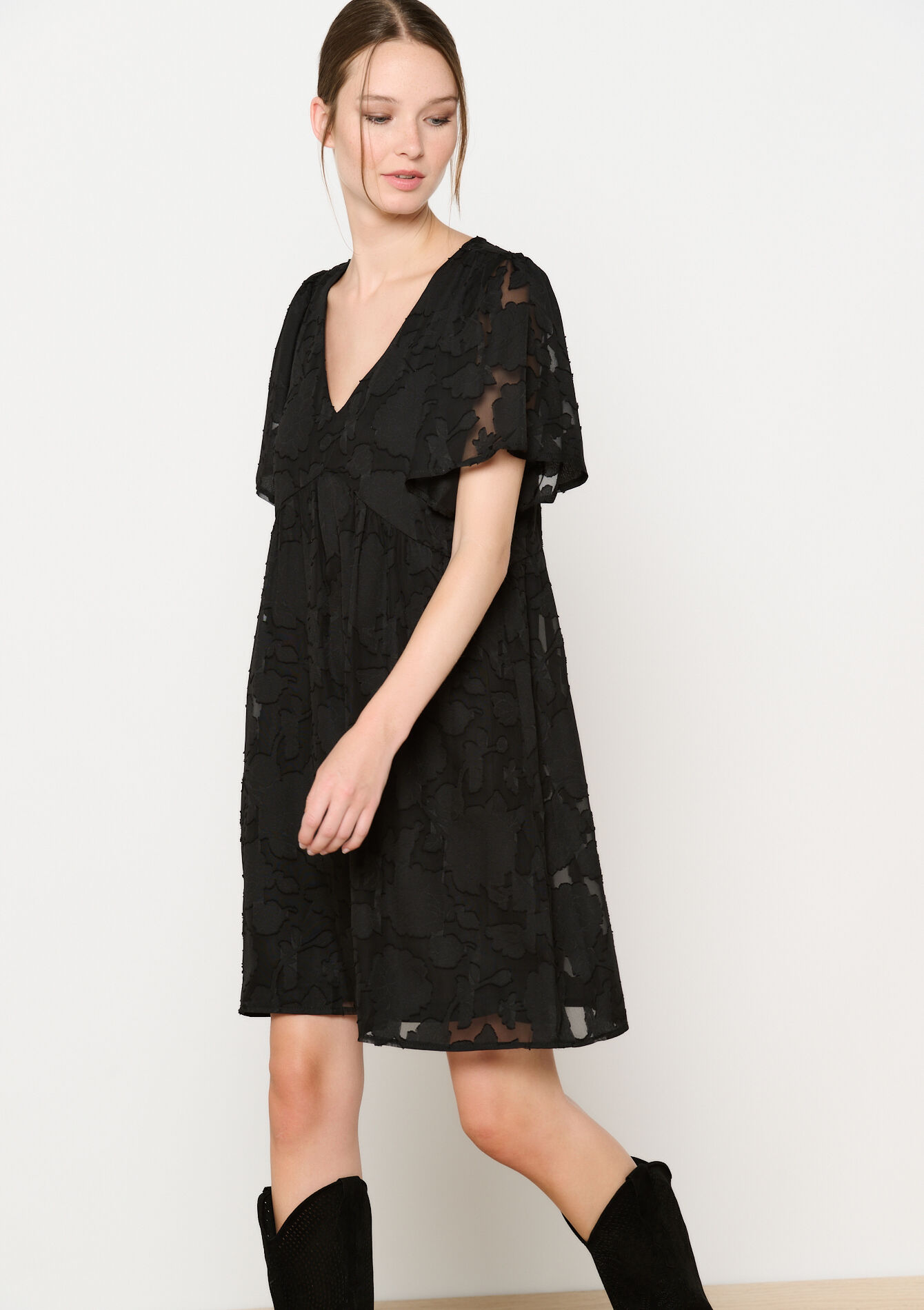 Babydoll-jurk met V-hals - BLACK - 08103821_1119