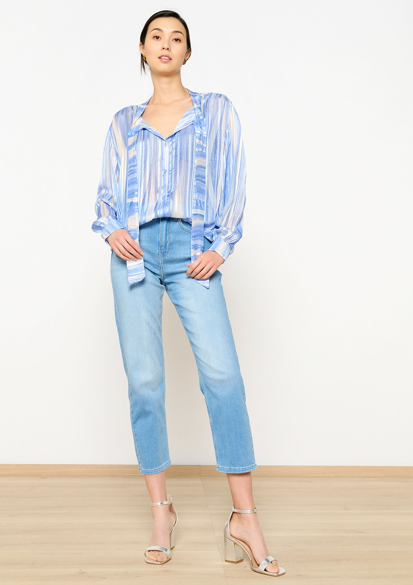 Blouse à rayures en lurex, Blouse à rayures en lurex - BLUE PASTEL - 05702435_3003