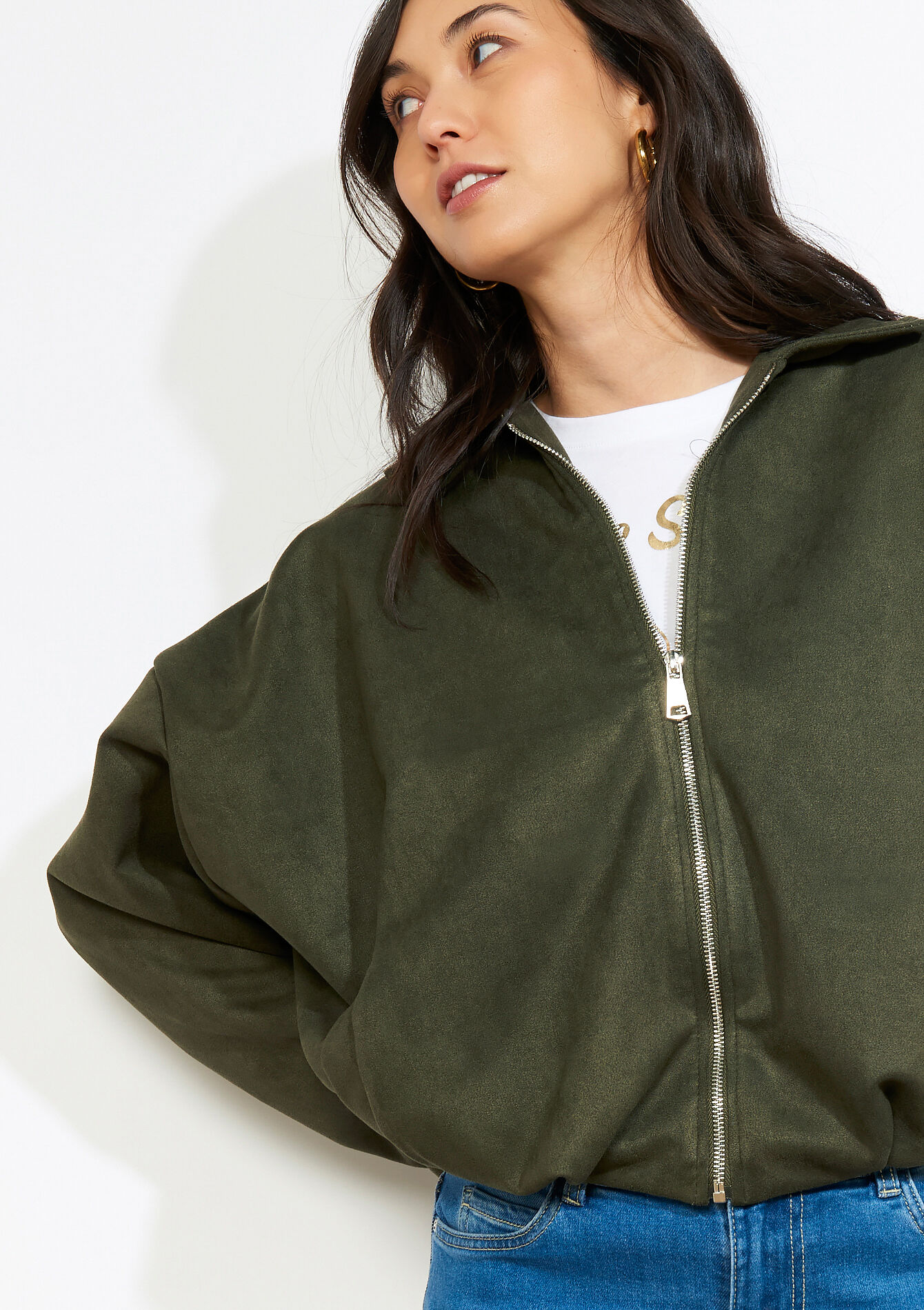 Oversized zip-up bomber - KHAKI DARKY - 09101174_4208