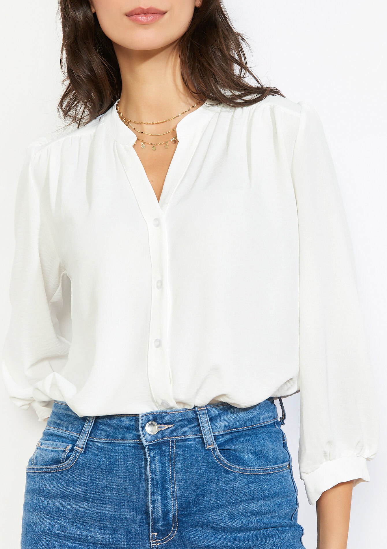 Vloeiende blouse met V-hals, Vloeiende blouse met V-hals - OPTICAL WHITE - 05703042_1019