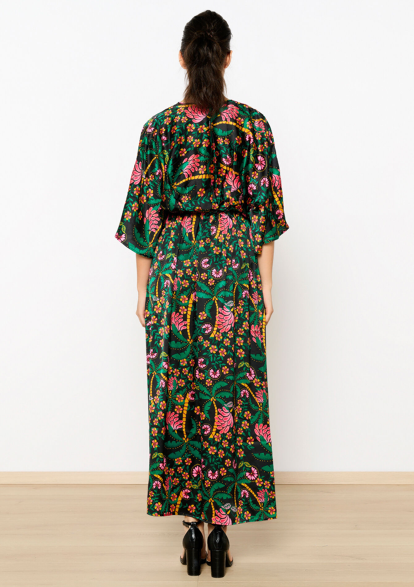 Satin dress with floral print, Satin dress with floral print - BLACK - 08602317_1119