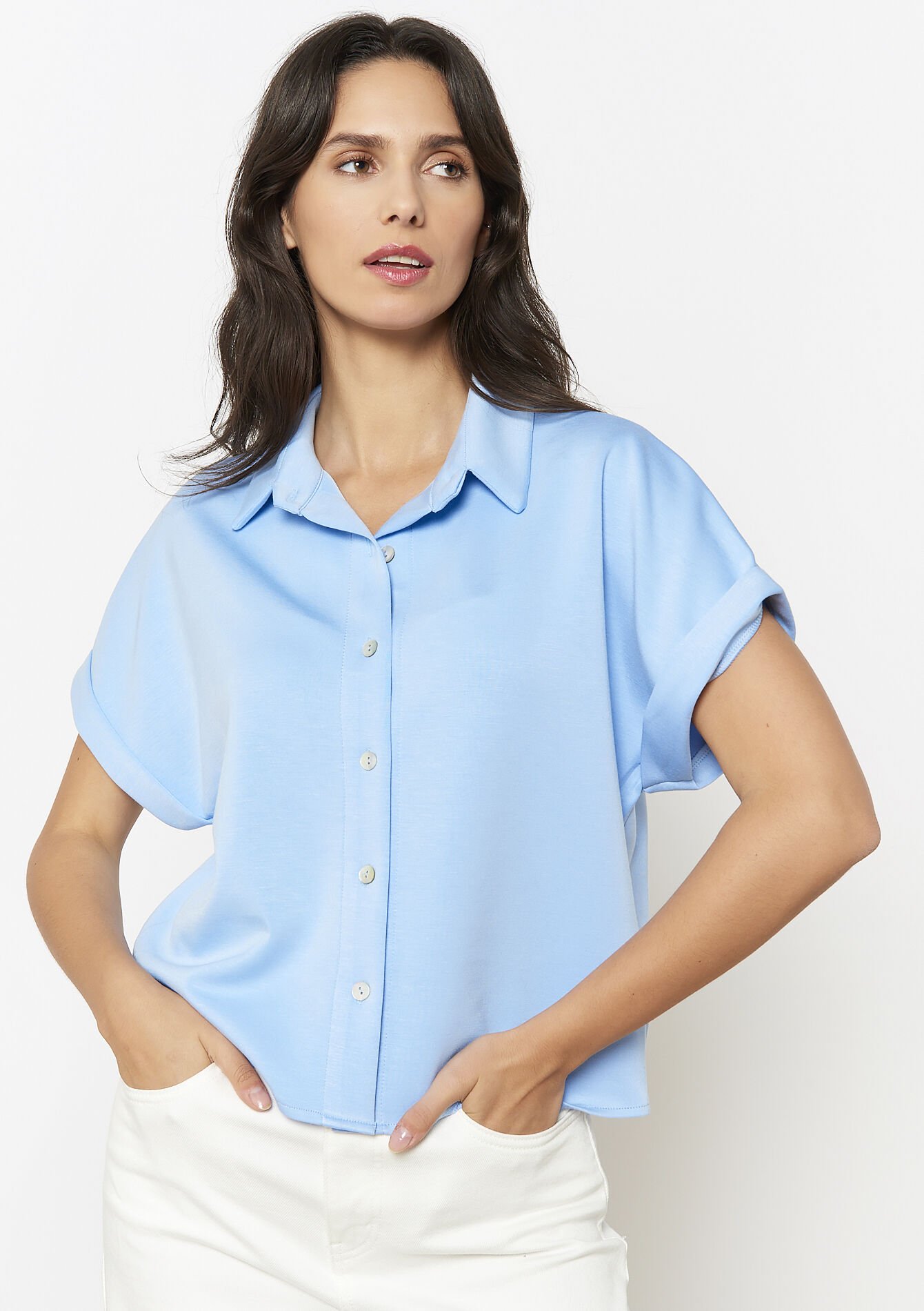 Losvallend hemd met korte mouwen, Losvallend hemd met korte mouwen - LT BLUE - 02301804_2519