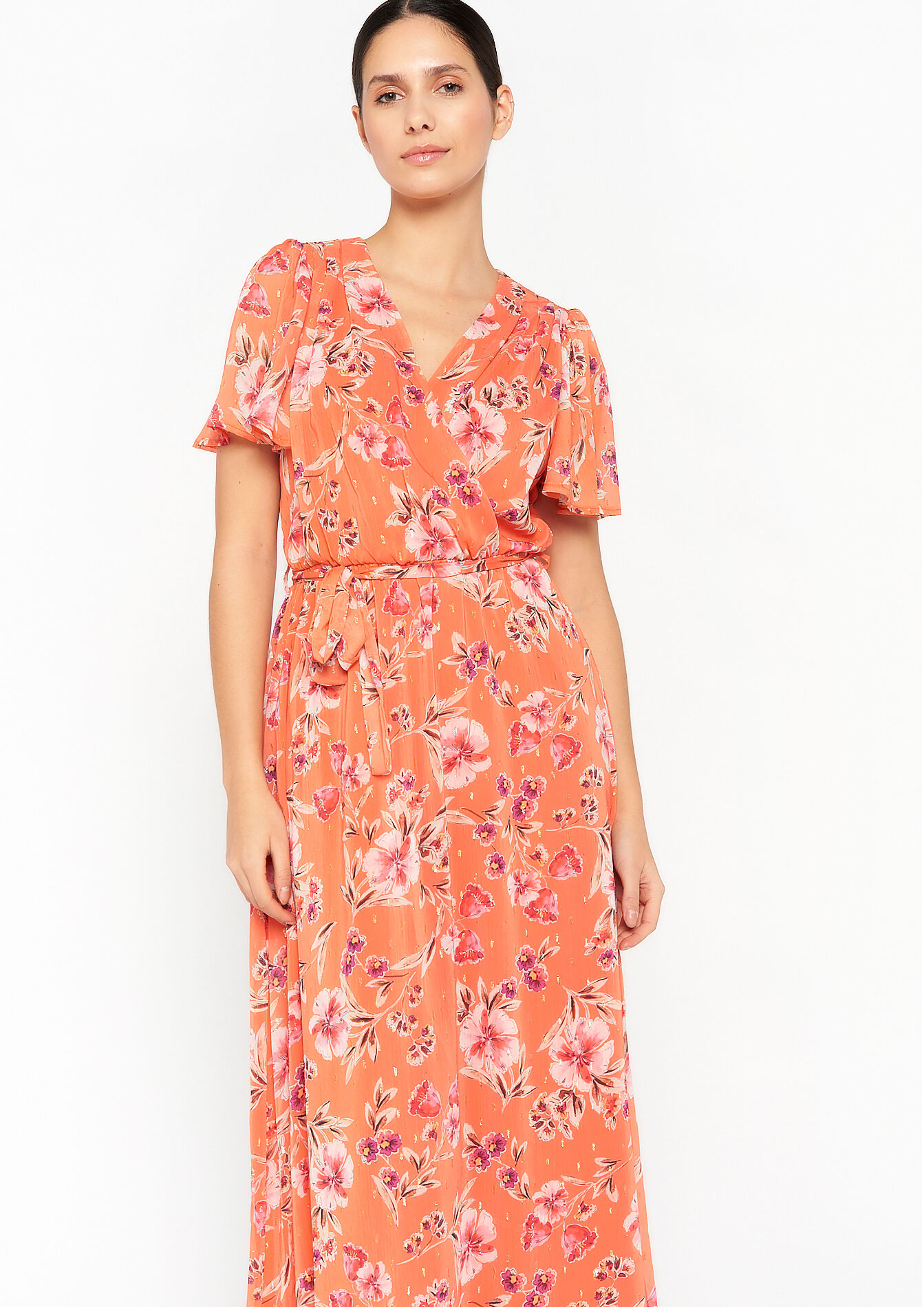 Maxi-jurk met bloemenprint, Maxi-jurk met bloemenprint - ORANGE BRIGHT - 1071149