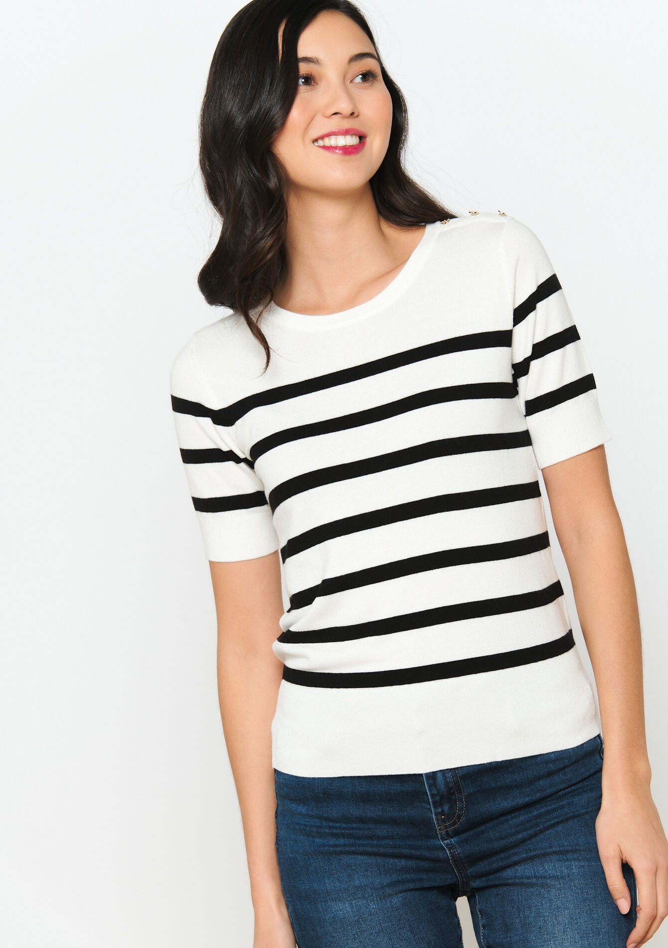 Pullover à rayures à manches courtes, Pullover à rayures à manches courtes - VANILLA WHITE - 04006292_1013