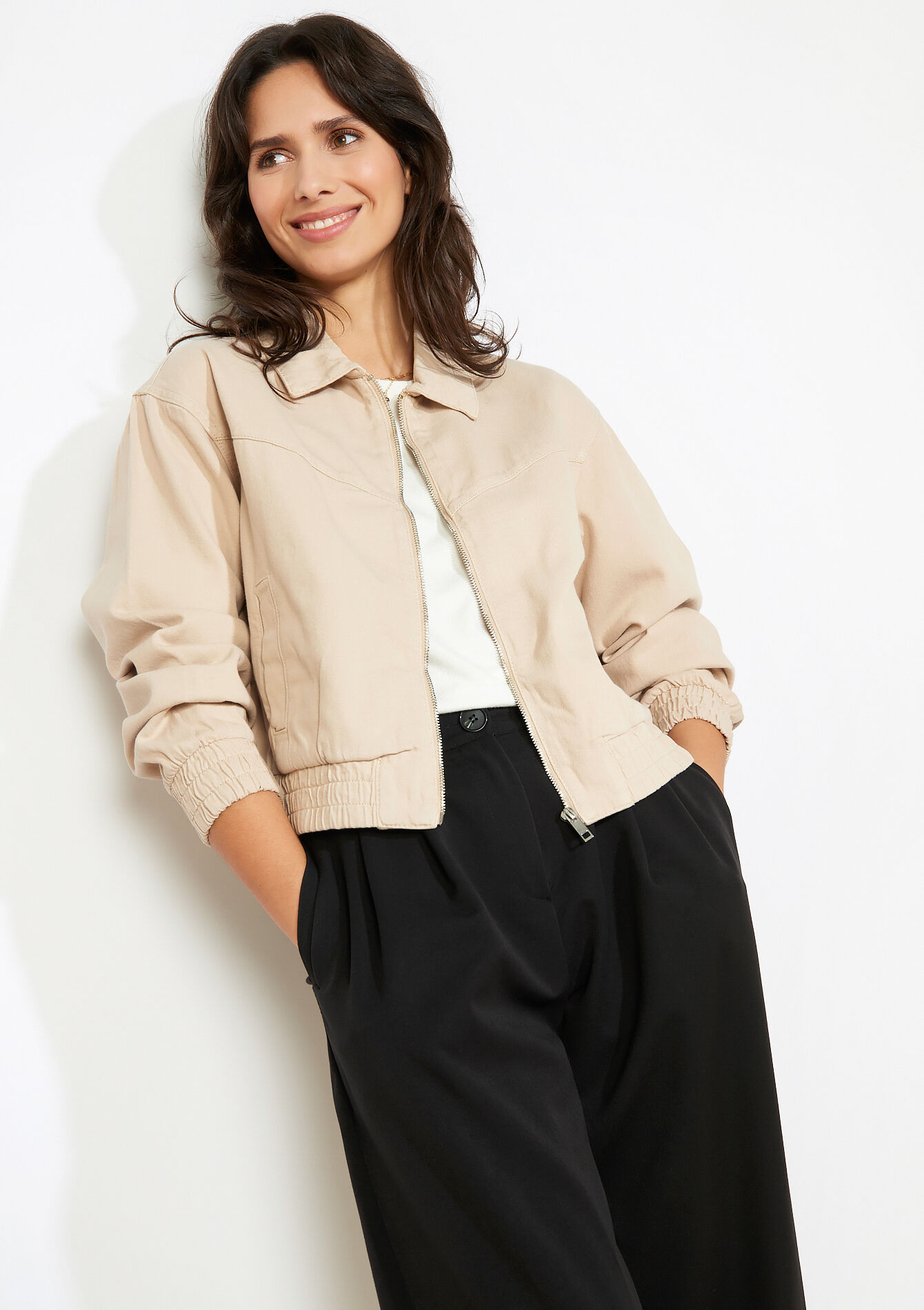 Cropped zip jacket, , back