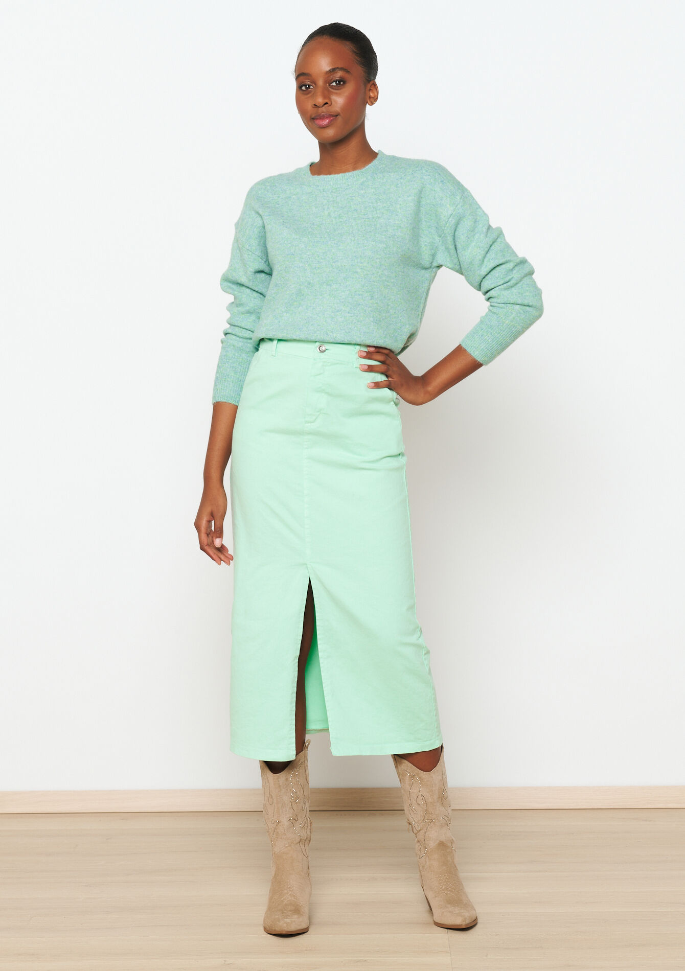 Cotton maxi skirt with slit, Cotton maxi skirt with slit - MINT GREEN - 07101237_1723