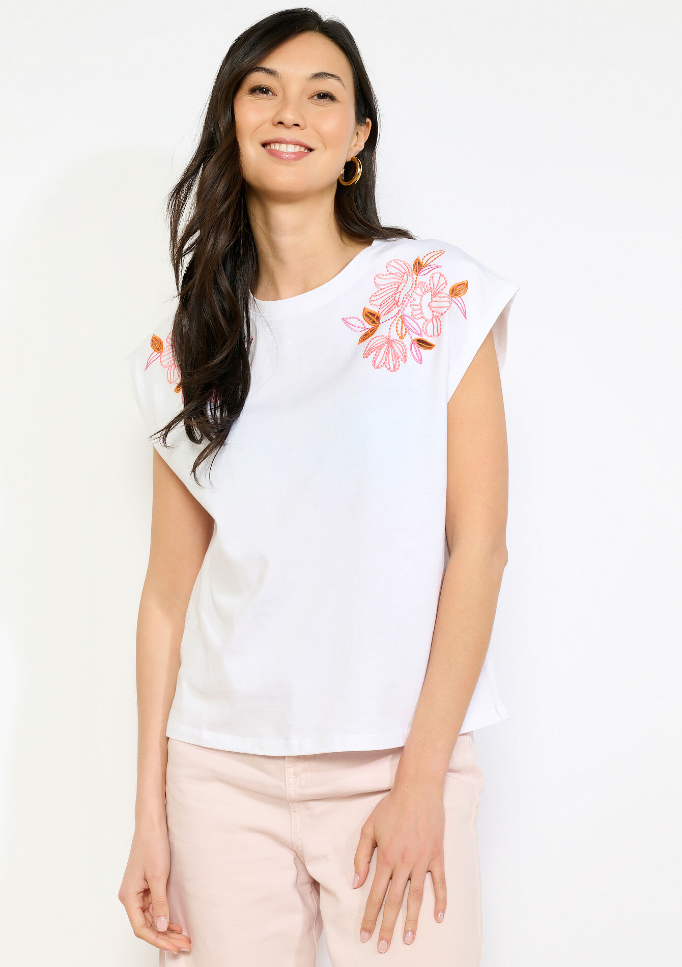 Mouwloos T-shirt met borduursel - OPTICAL WHITE - 02301950_1019