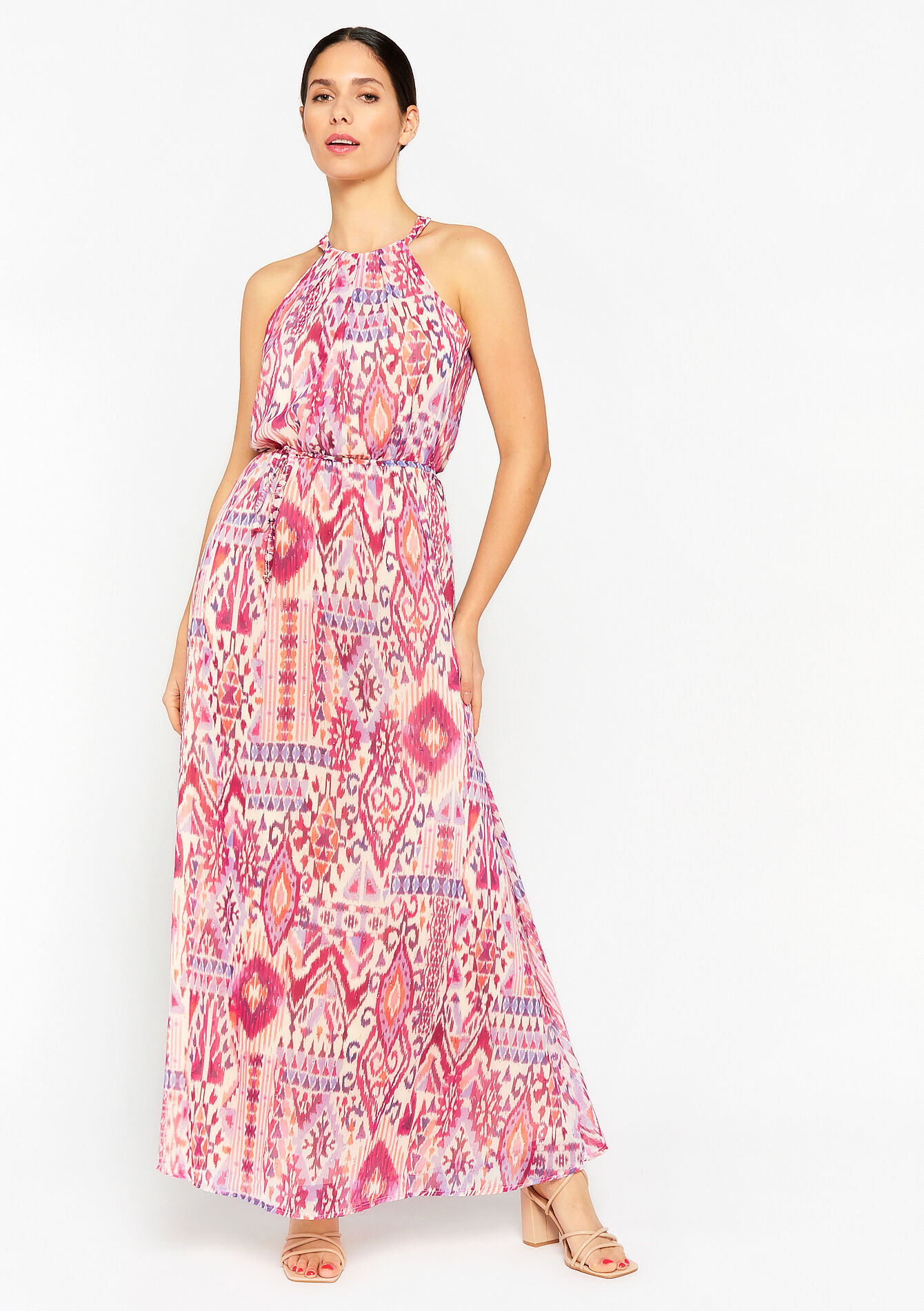 Maxi halter dress with ikat - FUCHSIA - 08601938_5626