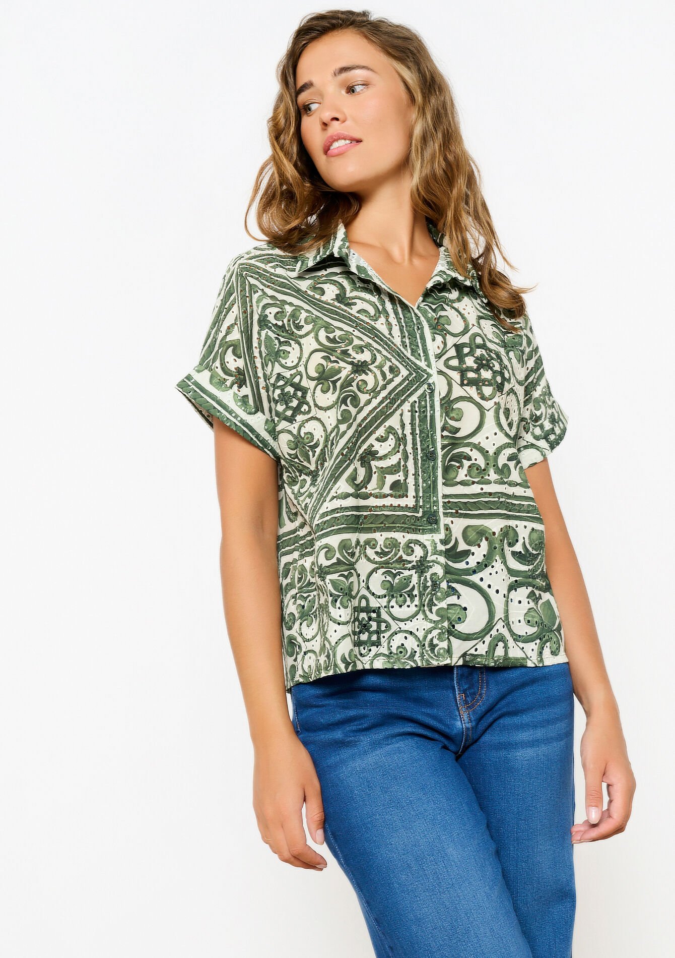 Chemise à imprimé et broderie, Chemise à imprimé et broderie - OFFWHITE - 05702629_1001