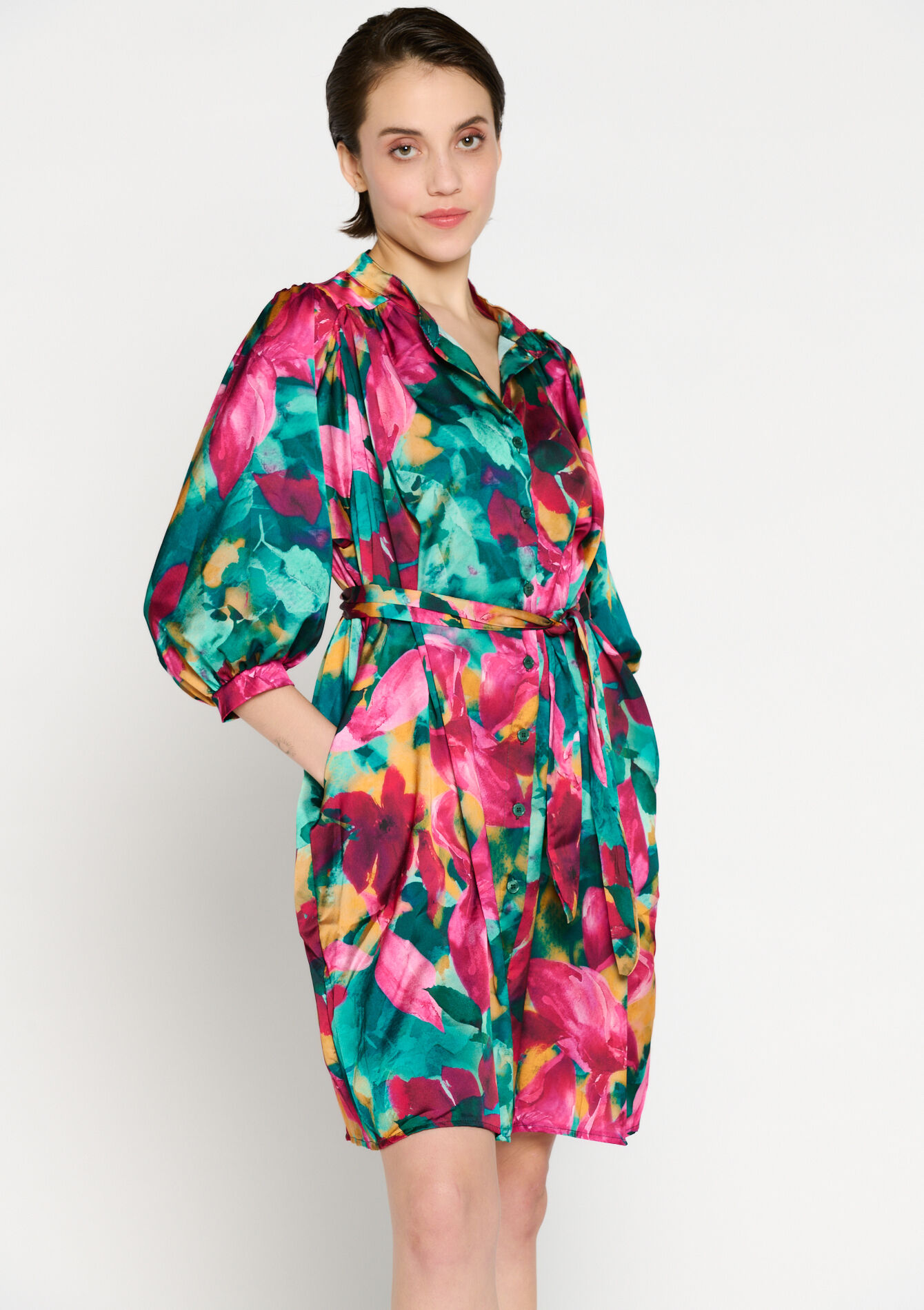 Satijnen hemdjurk met bloemenprint - FUCHSIA - 08103371_5626