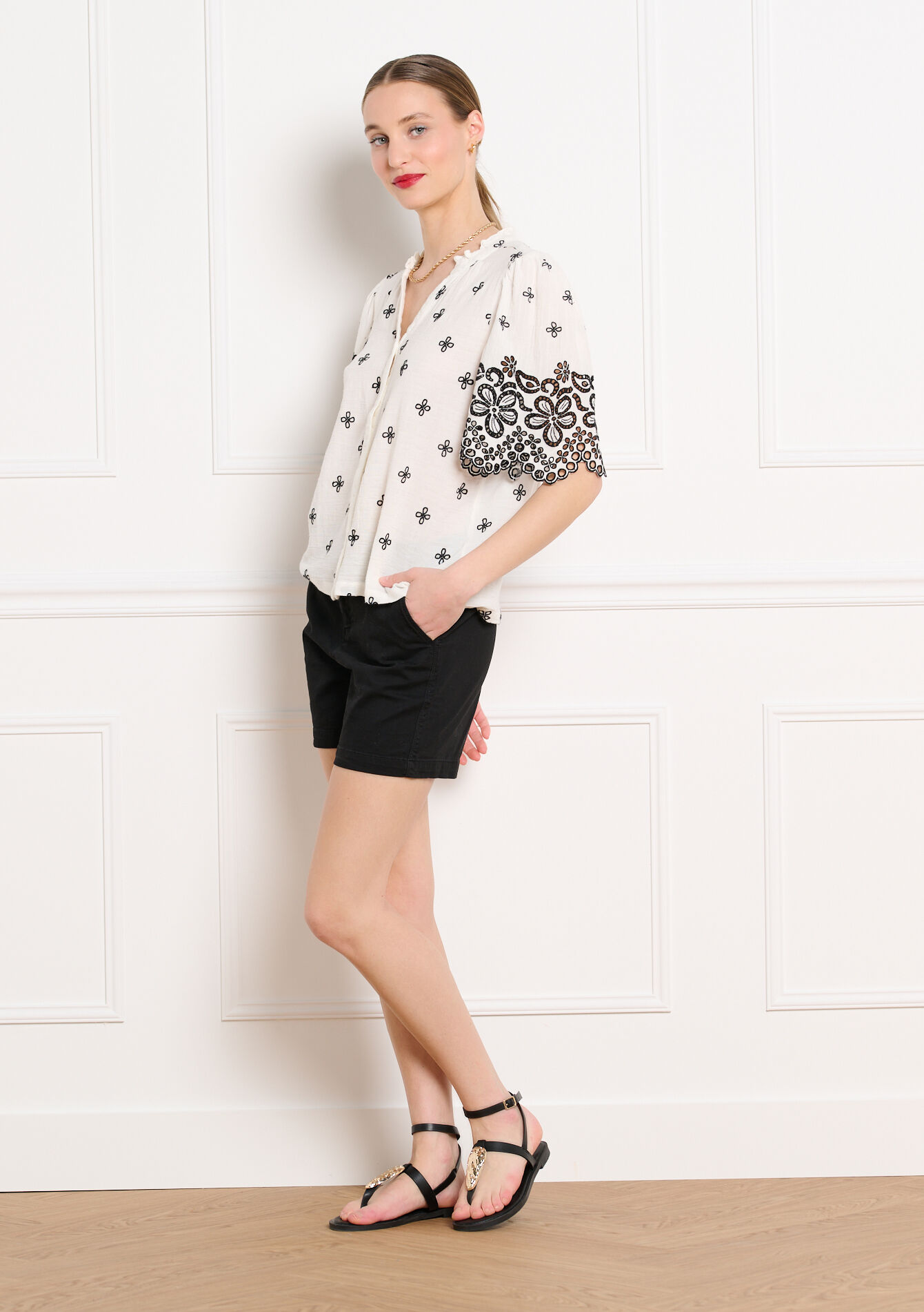 Geborduurde blouse korte mouwen - OFFWHITE - 05702948_1001