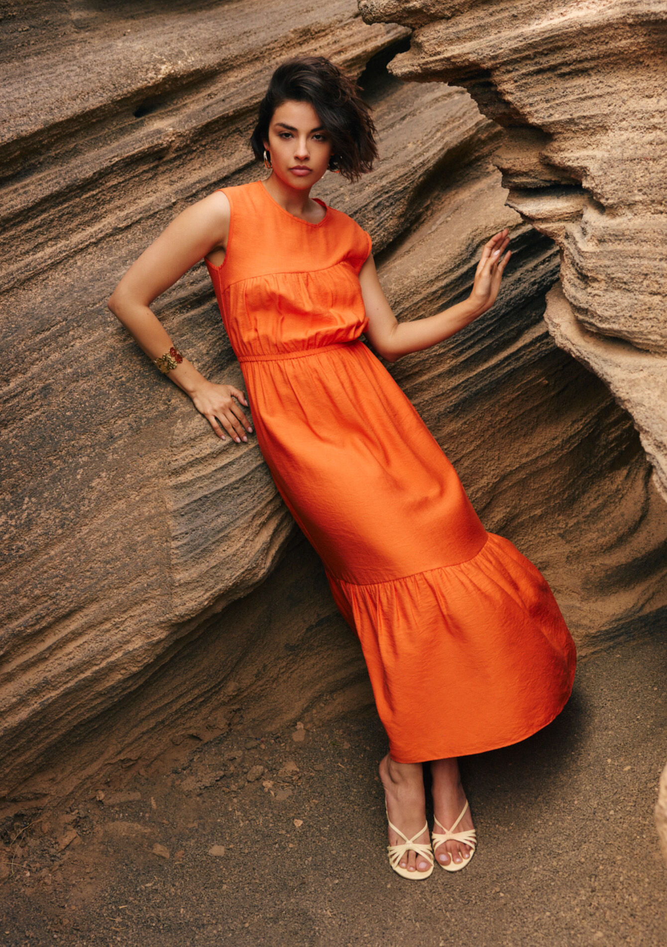 Mouwloze soepele midi jurk, , hi-res