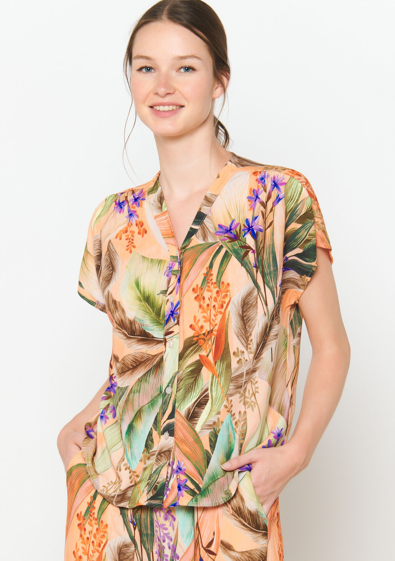 Hemd met tropische print, Hemd met tropische print - PASTEL PEACH - 05702601_1974