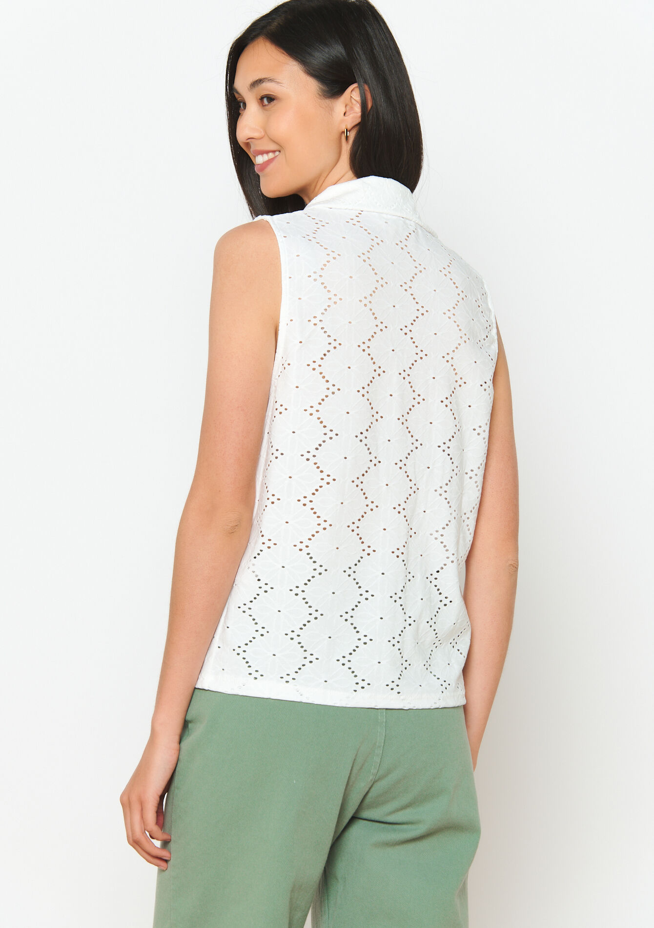 Sleeveless shirt with broderie anglaise - OPTICAL WHITE - 02200407_1019