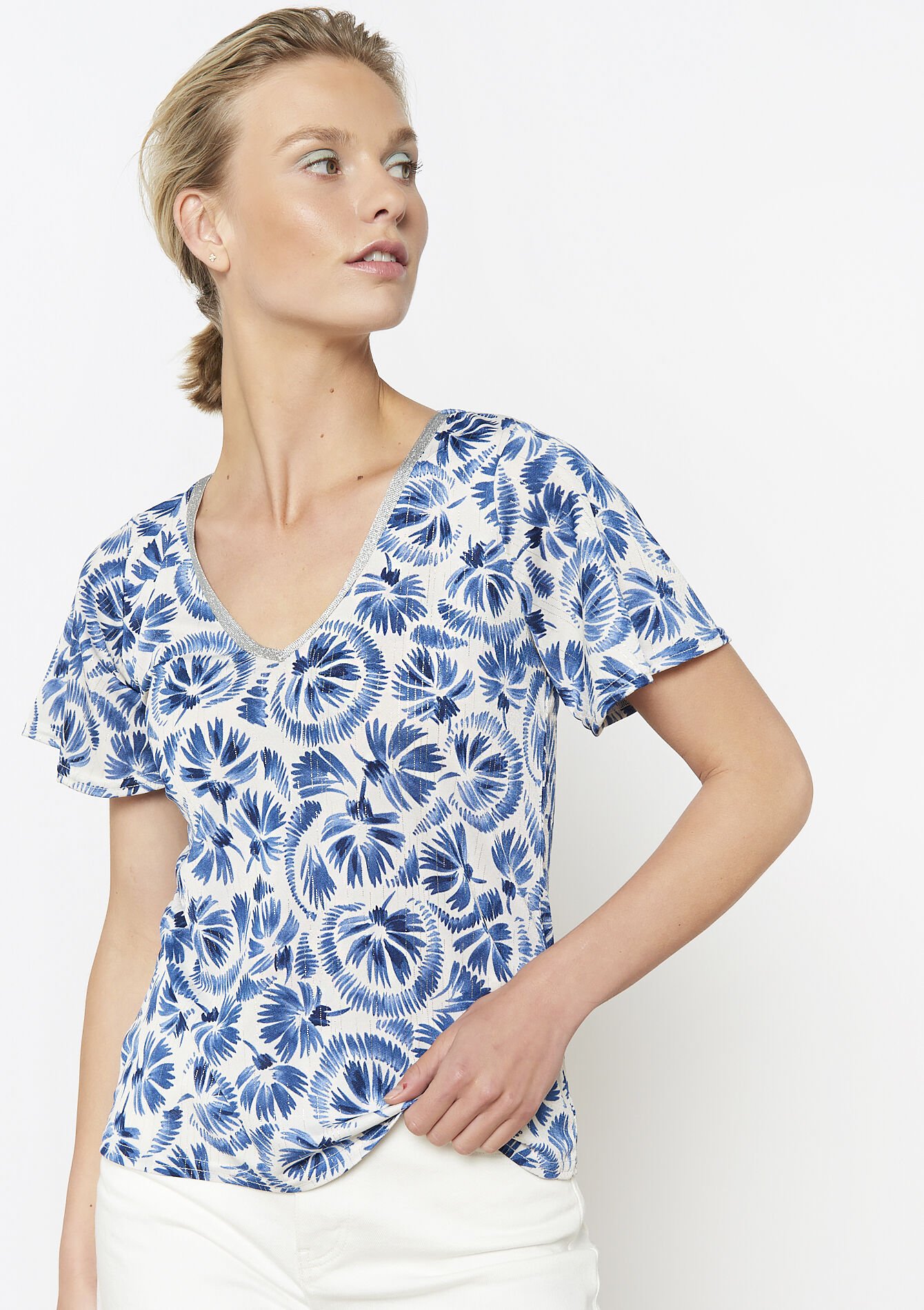 T-shirt met palmbladprint, T-shirt met palmbladprint - BLUE FAIENCE - 02301812_1584