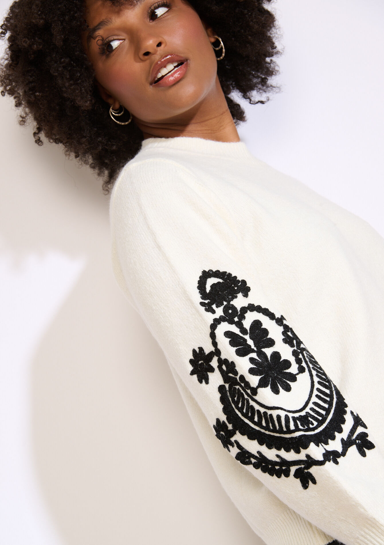 Pull brodé manches ballon - OFFWHITE - 04007036_1001