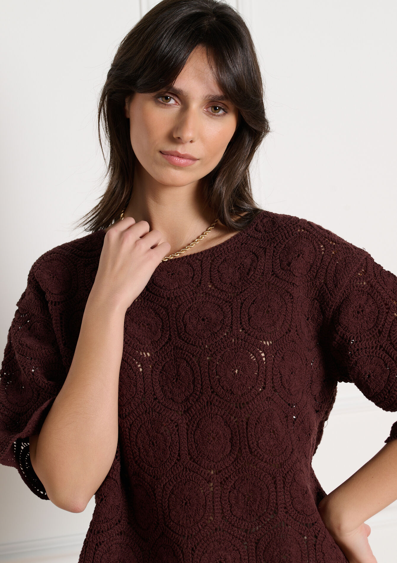 Gehaakt opengewerkt top, Gehaakt opengewerkt top - BROWN DARK CHOCOLATE - 04007065_3720